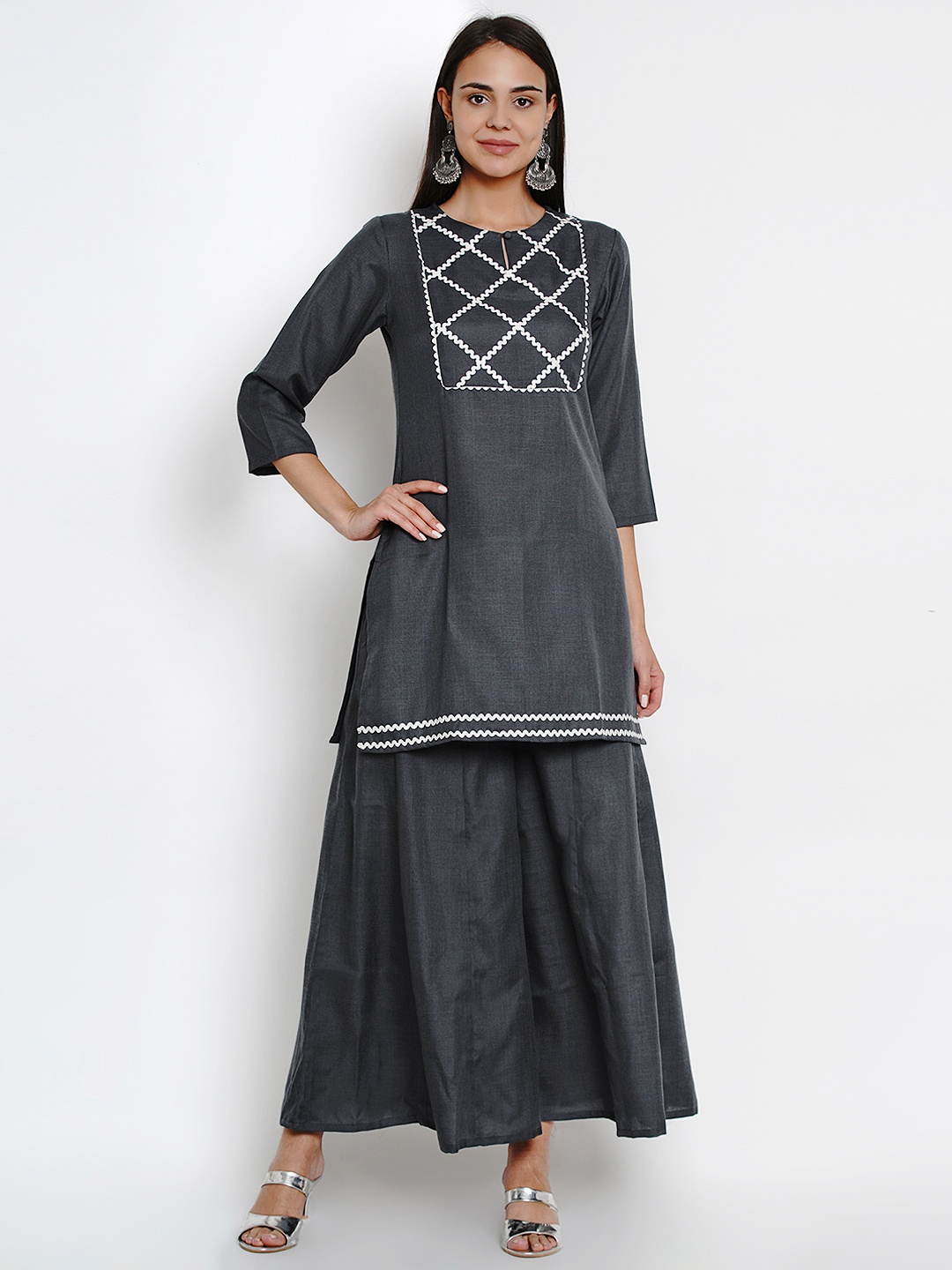 

Bhama Couture Women Grey Solid Kurta with Palazzos