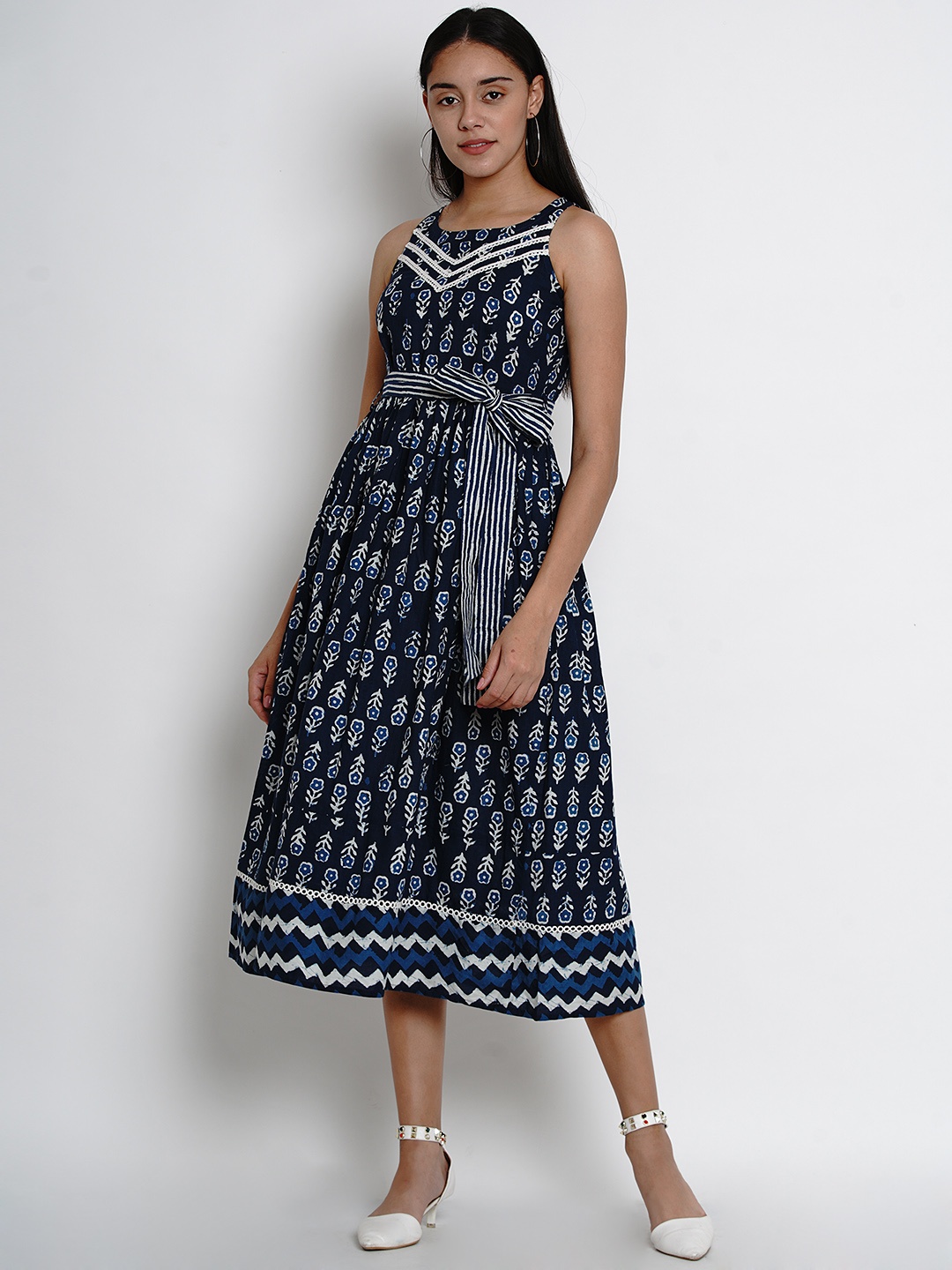 

Bhama Couture Women Navy Blue & White Printed Fit and Flare Dress