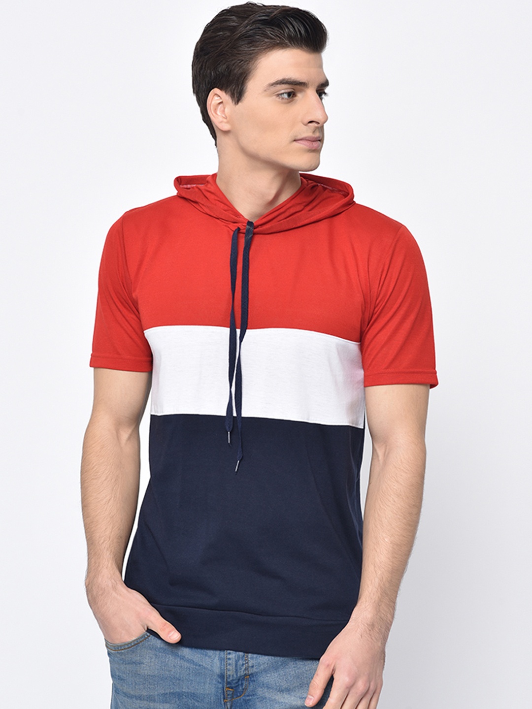 

VIMAL JONNEY Men Red & White Colourblocked Hood T-shirt