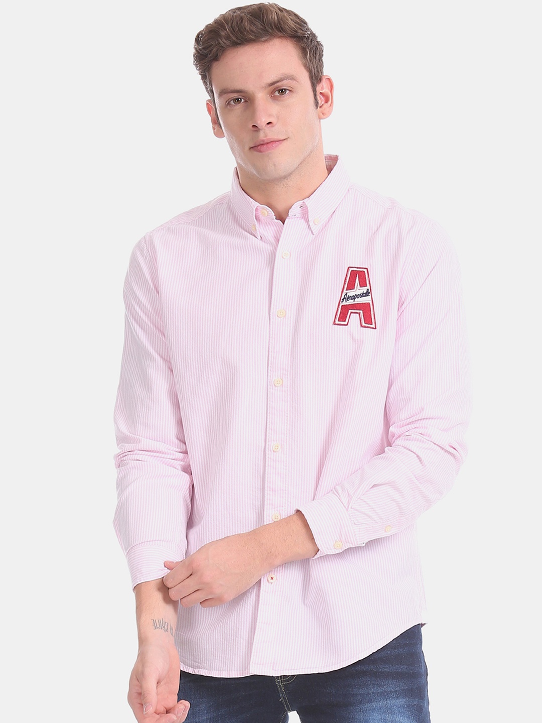 

Aeropostale Men Pink & White Regular Fit Striped Casual Shirt