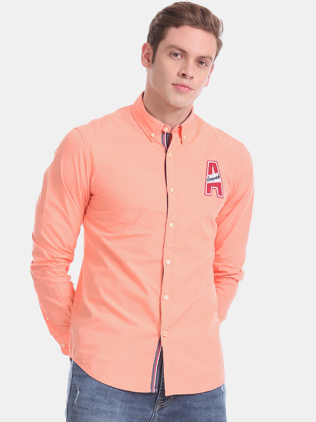 

Aeropostale Men Peach-Coloured Slim Fit Solid Casual Shirt