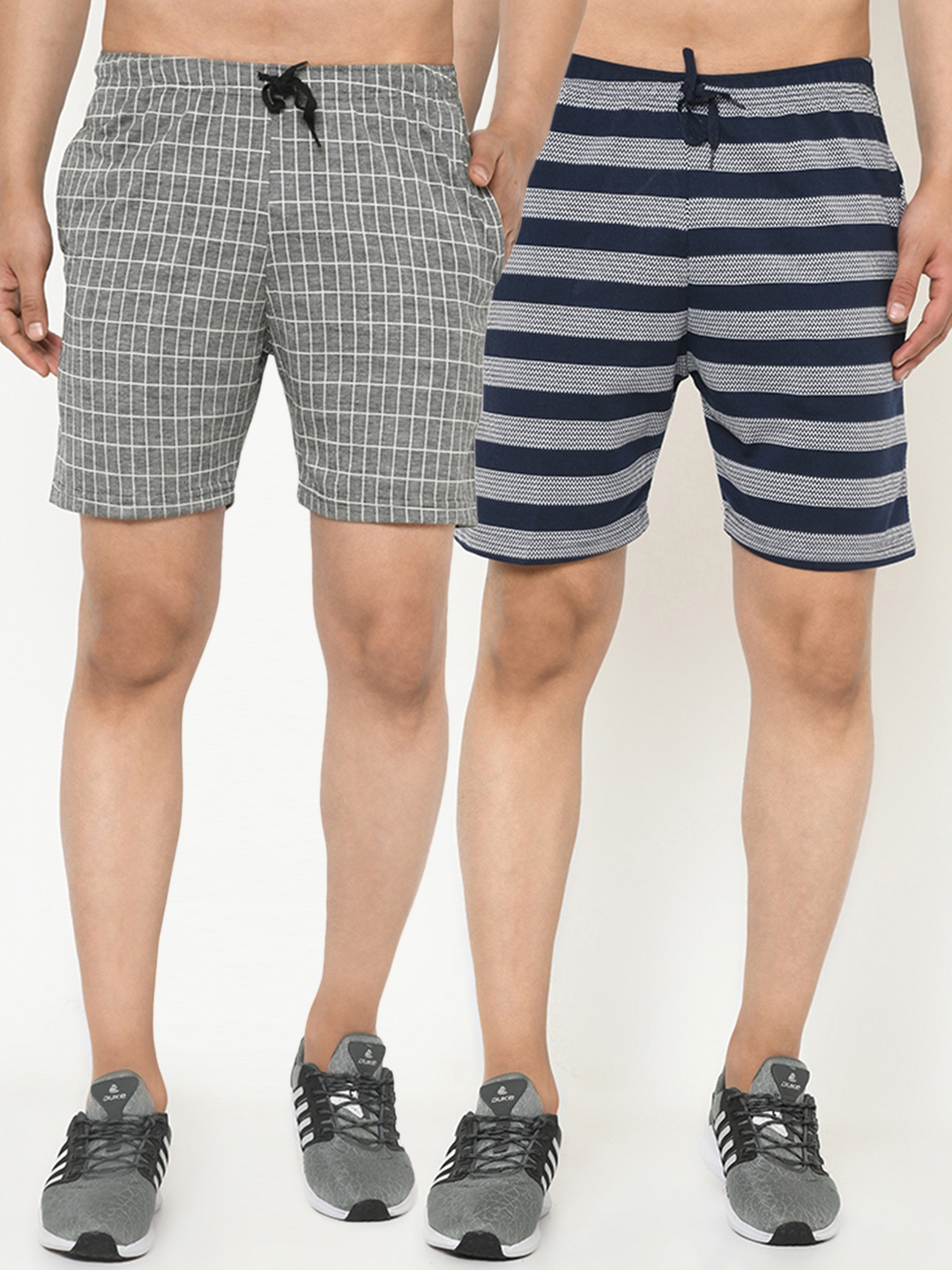 

VIMAL JONNEY Men Grey & Navy Blue Pack Of 2 Striped Regular Shorts