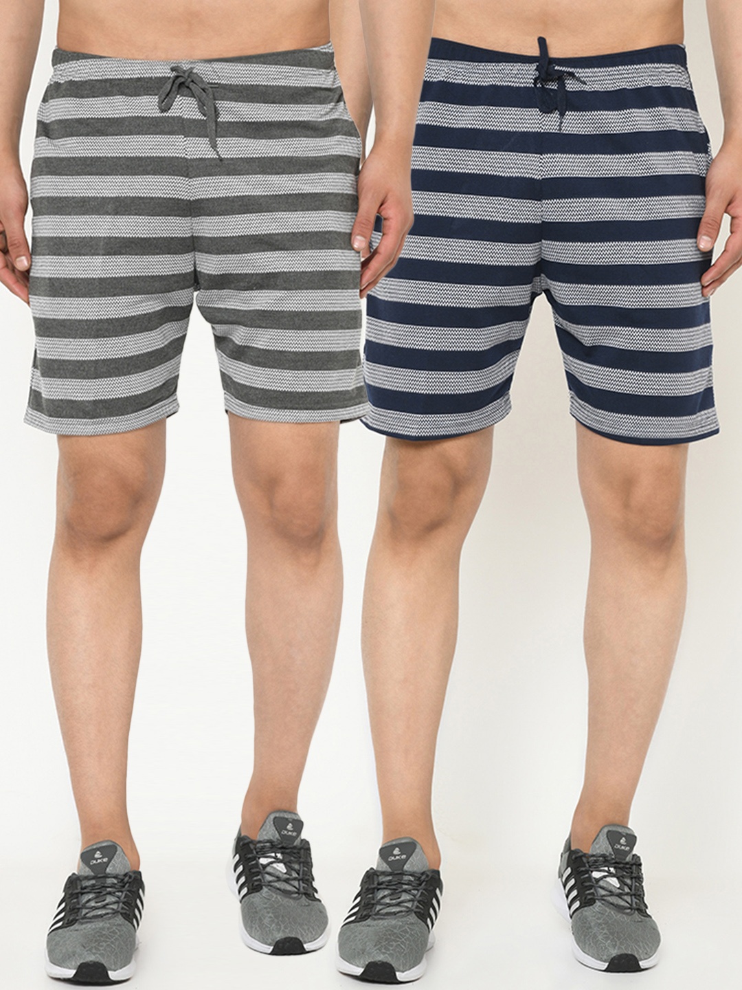 

VIMAL JONNEY Men Pack Of 2 Grey & Navy Blue Striped Regular Fit Shorts