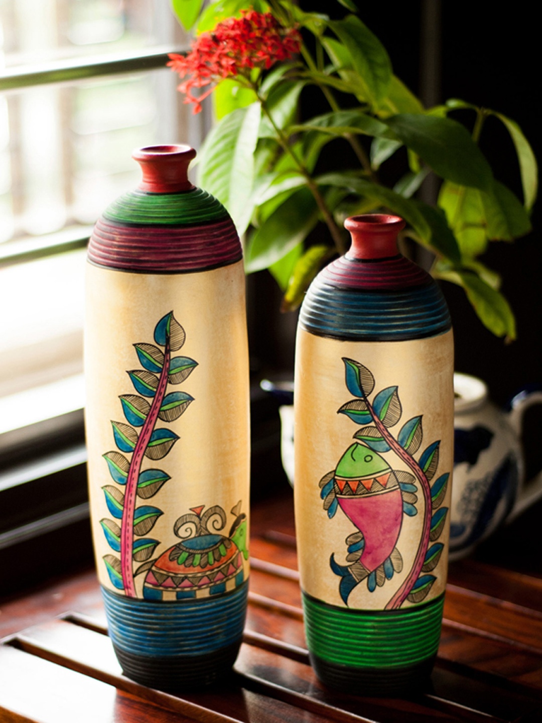 

ExclusiveLane Set Of 2 Gold-Toned & Red Hand-Painted Madhubani Terracotta Flower Vases