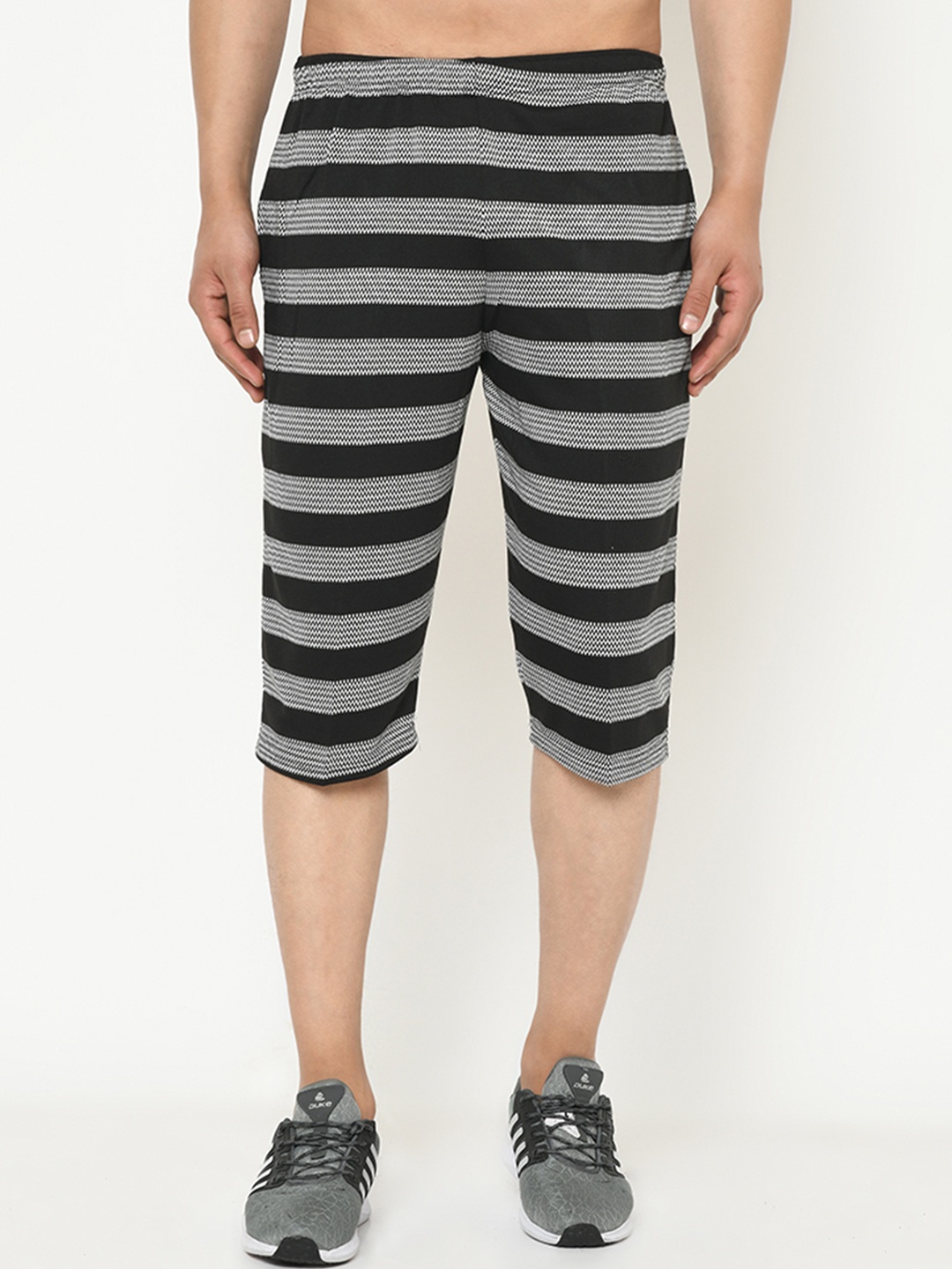 

MACK JONNEY Men Black & White Striped Regular Fit Shorts