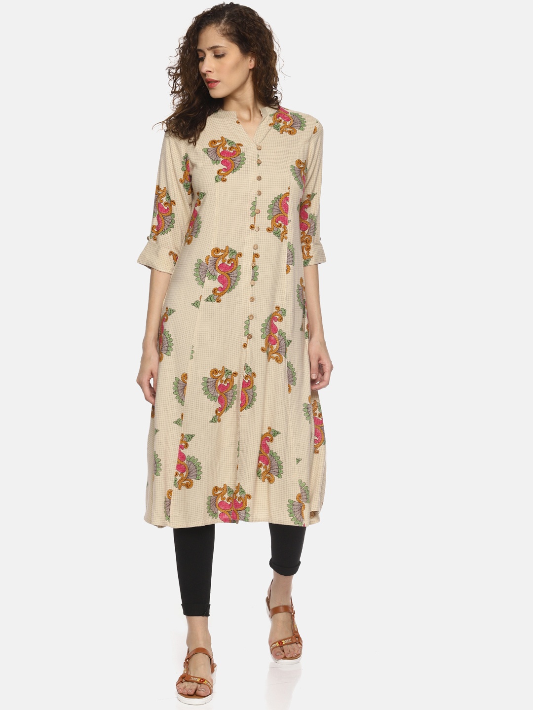 

La Bele Women Cream-Coloured & Green Printed A-Line Kurta