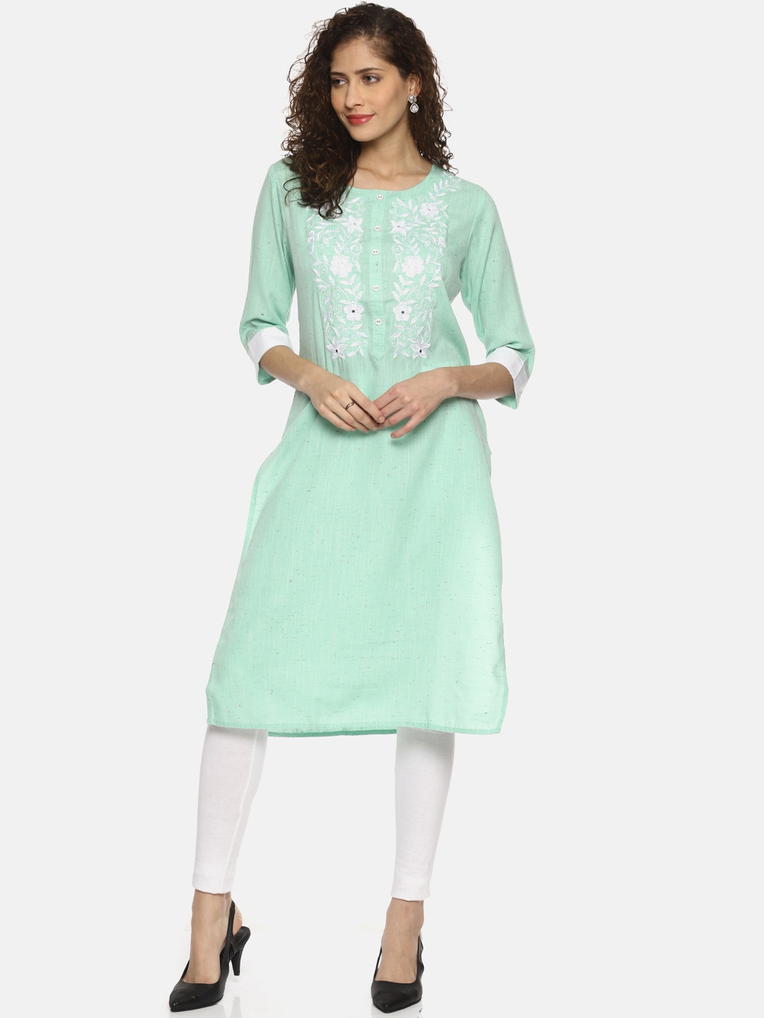 

La Bele Women Sea Green & White Embroidered Straight Kurta