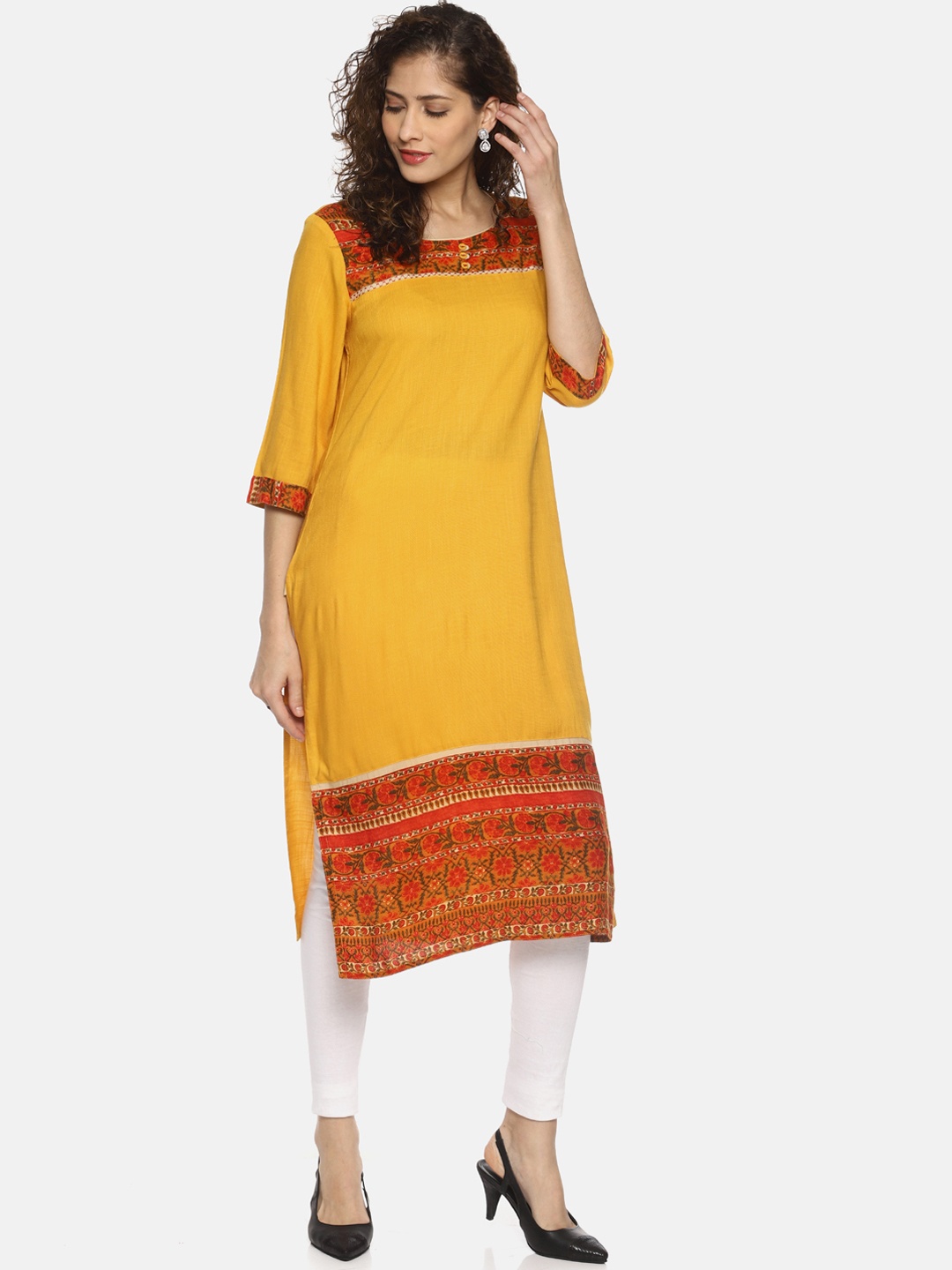 

La Bele Women Yellow & Orange Printed Straight Kurta