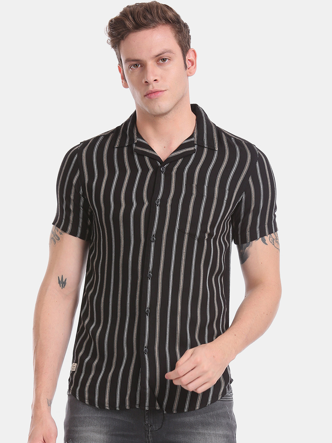 

Ed Hardy Men Black & White Regular Fit Striped Casual Shirt