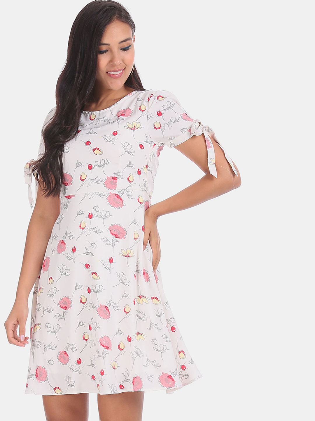 

Sugr Women White & Pink Printed A-Line Dress