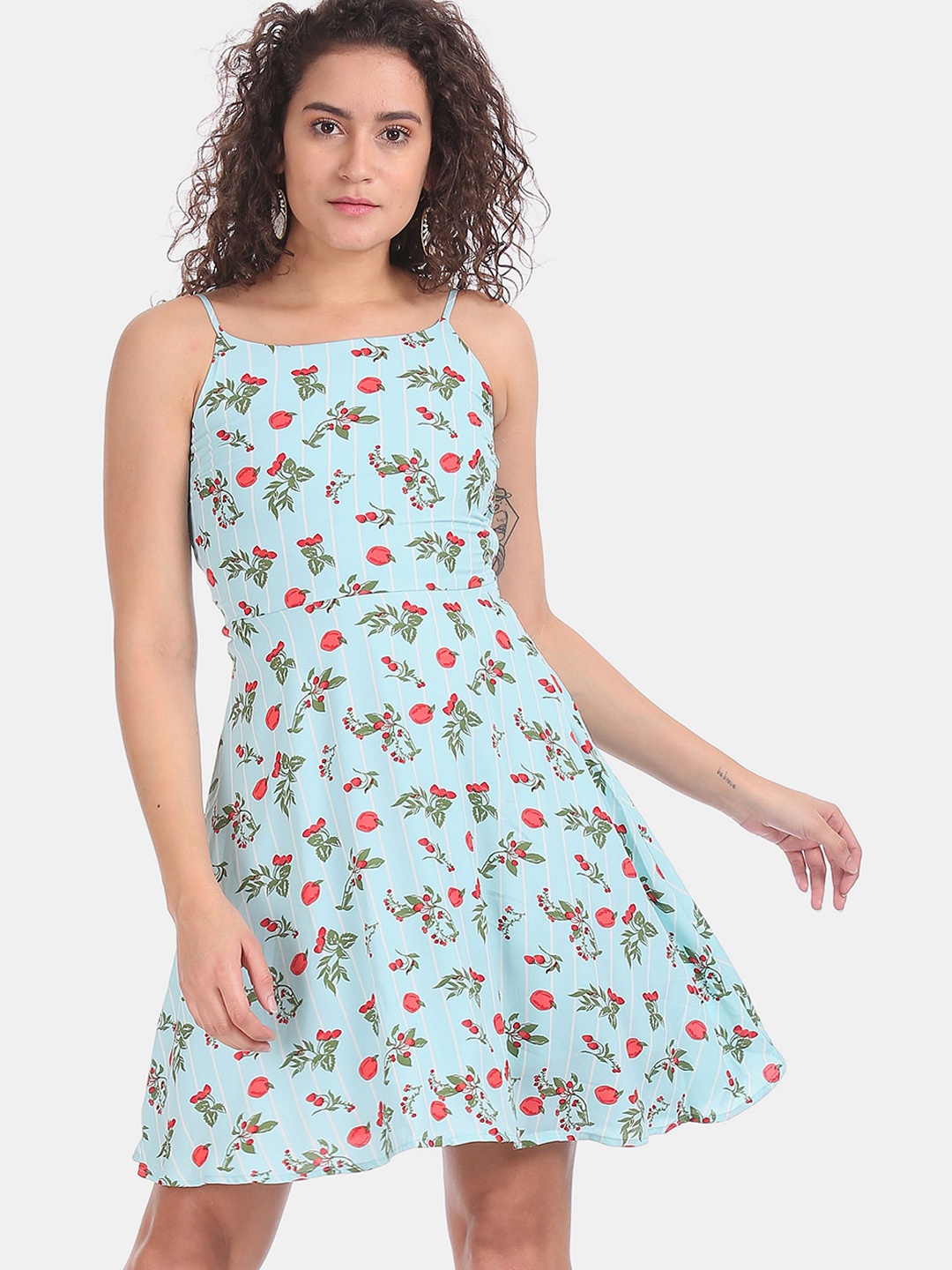 

Sugr Women Sea Green & Red Printed Fit and Flare Dress