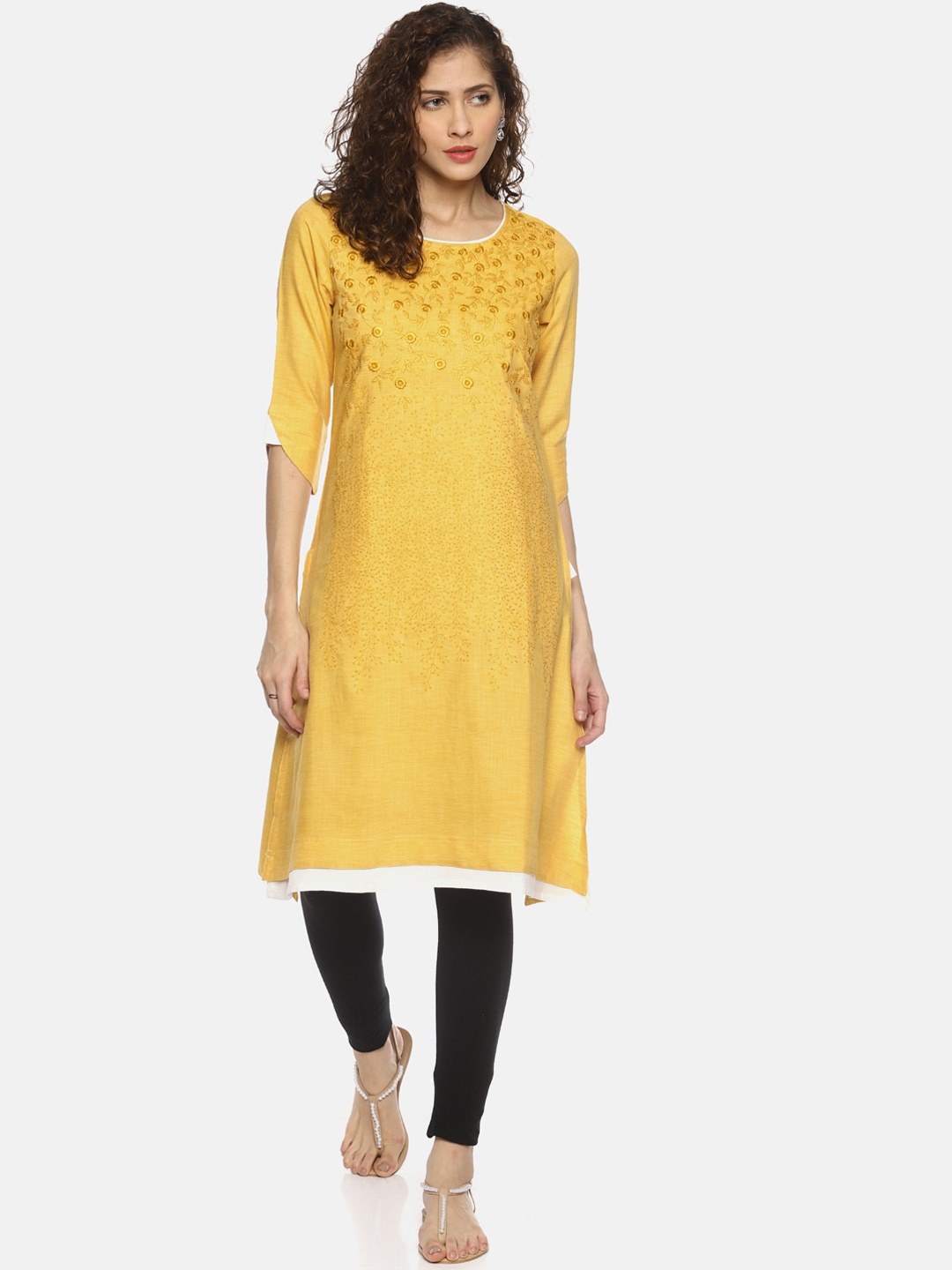 

La Bele Women Mustard Yellow Embroidered Straight Kurta