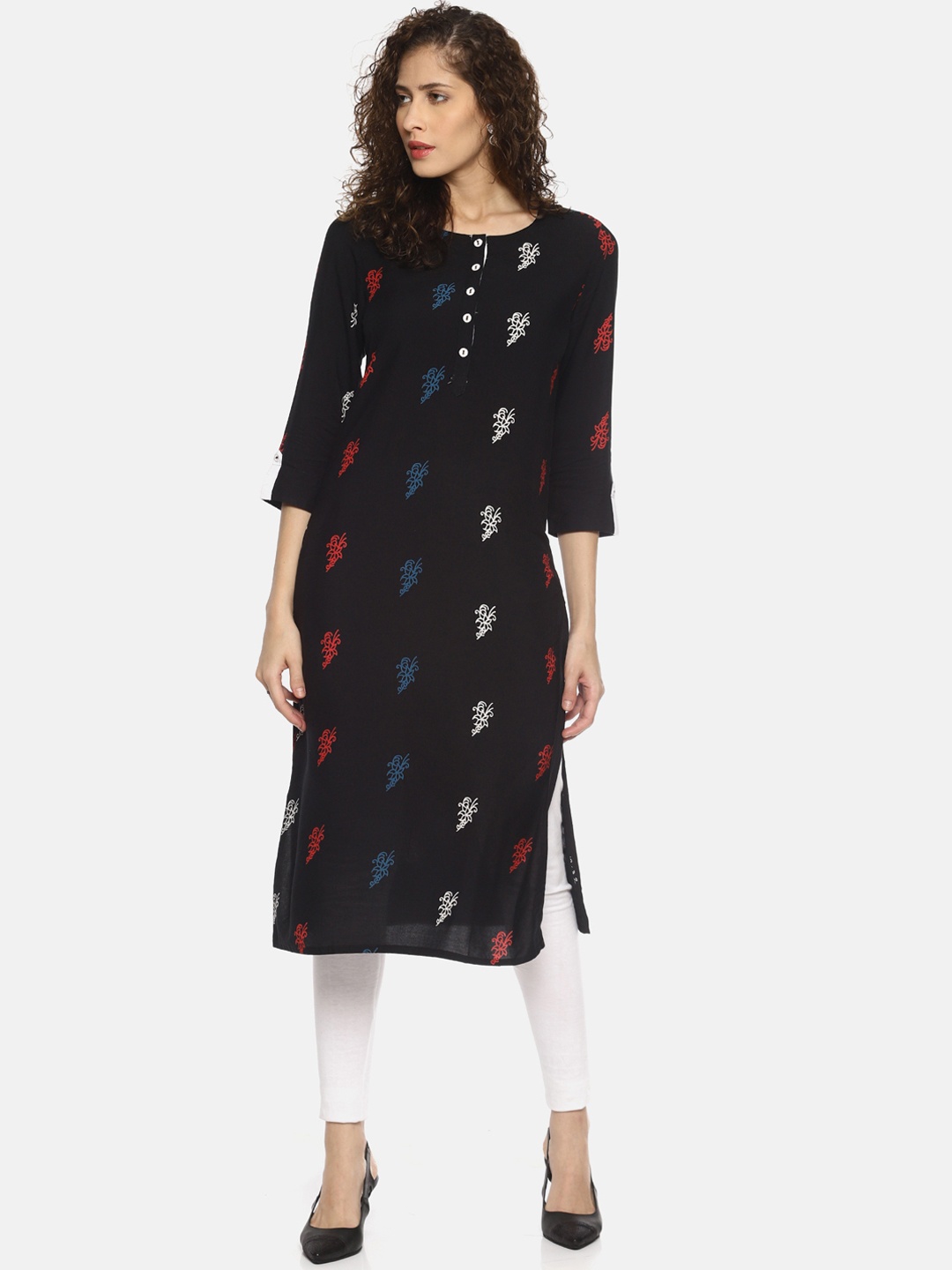 

La Bele Women Black & White Printed Straight Kurta