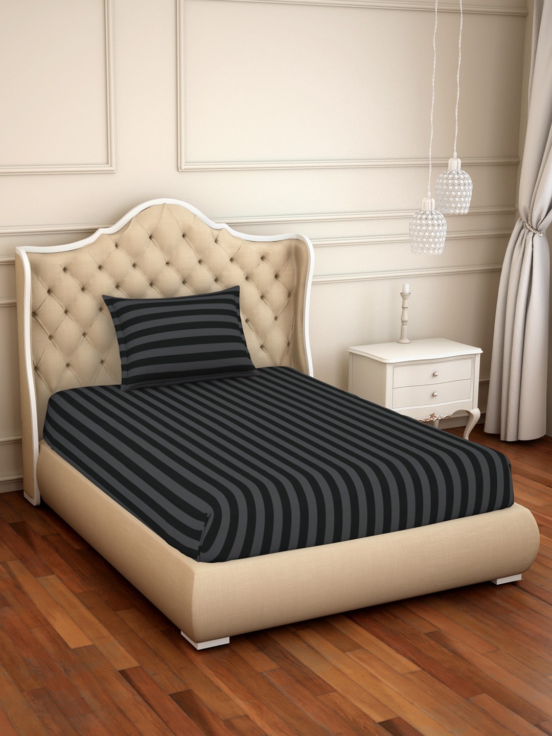 

SPACES Black & Grey Striped 210 TC Cotton 1 Single Bedsheet with 1 Pillow Cover