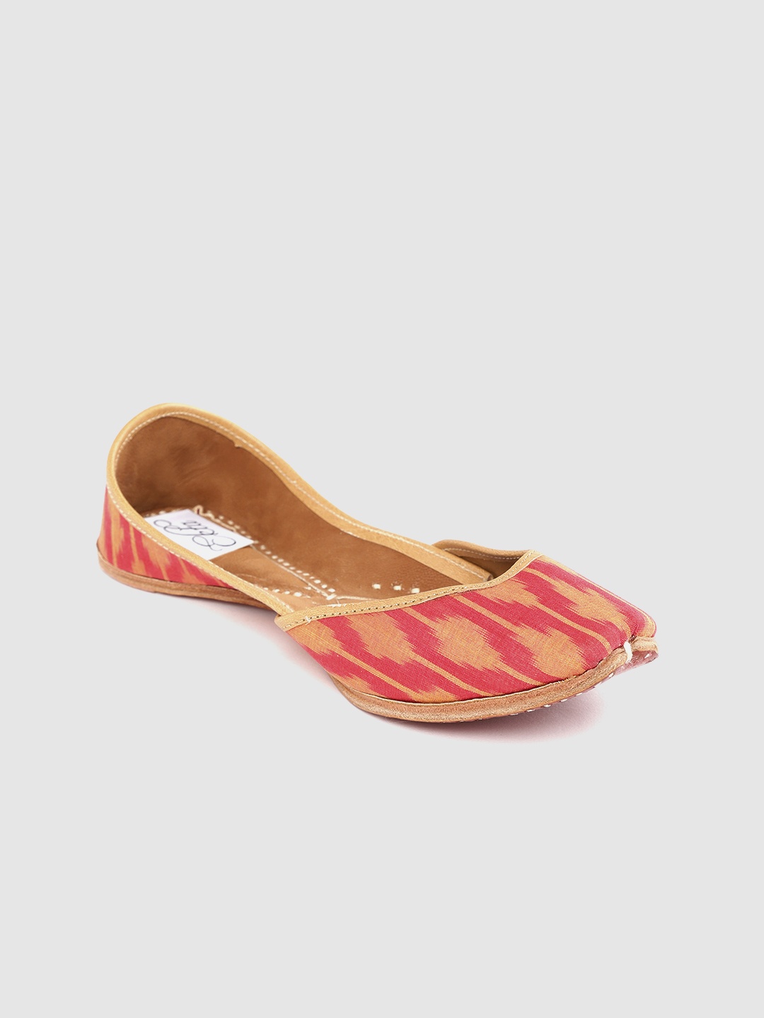 Ekta Women Coral Pink & Beige Ikat Woven Design Handcrafted Mojaris