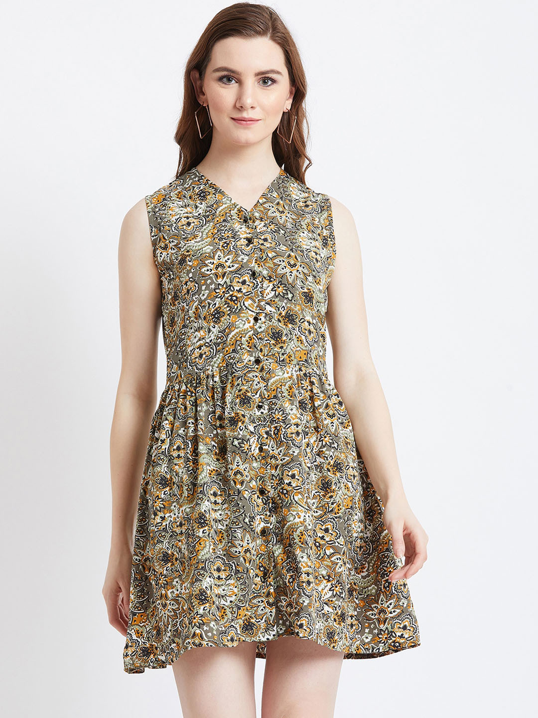 

AkaAyu Women Green & Yellow Printed Fit and Flare Dress