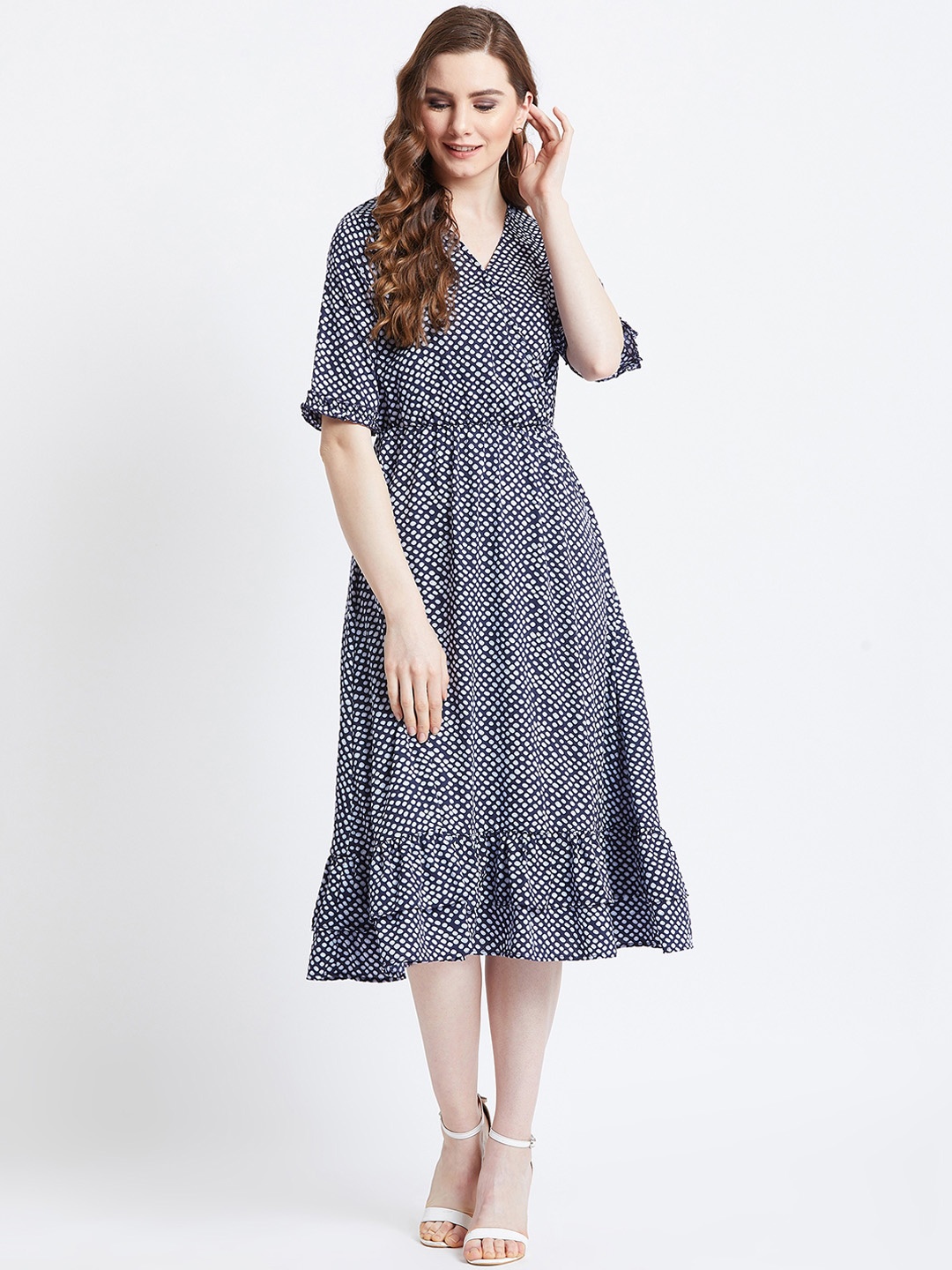 

AkaAyu Women Navy Blue & White Printed Fit and Flare Dress