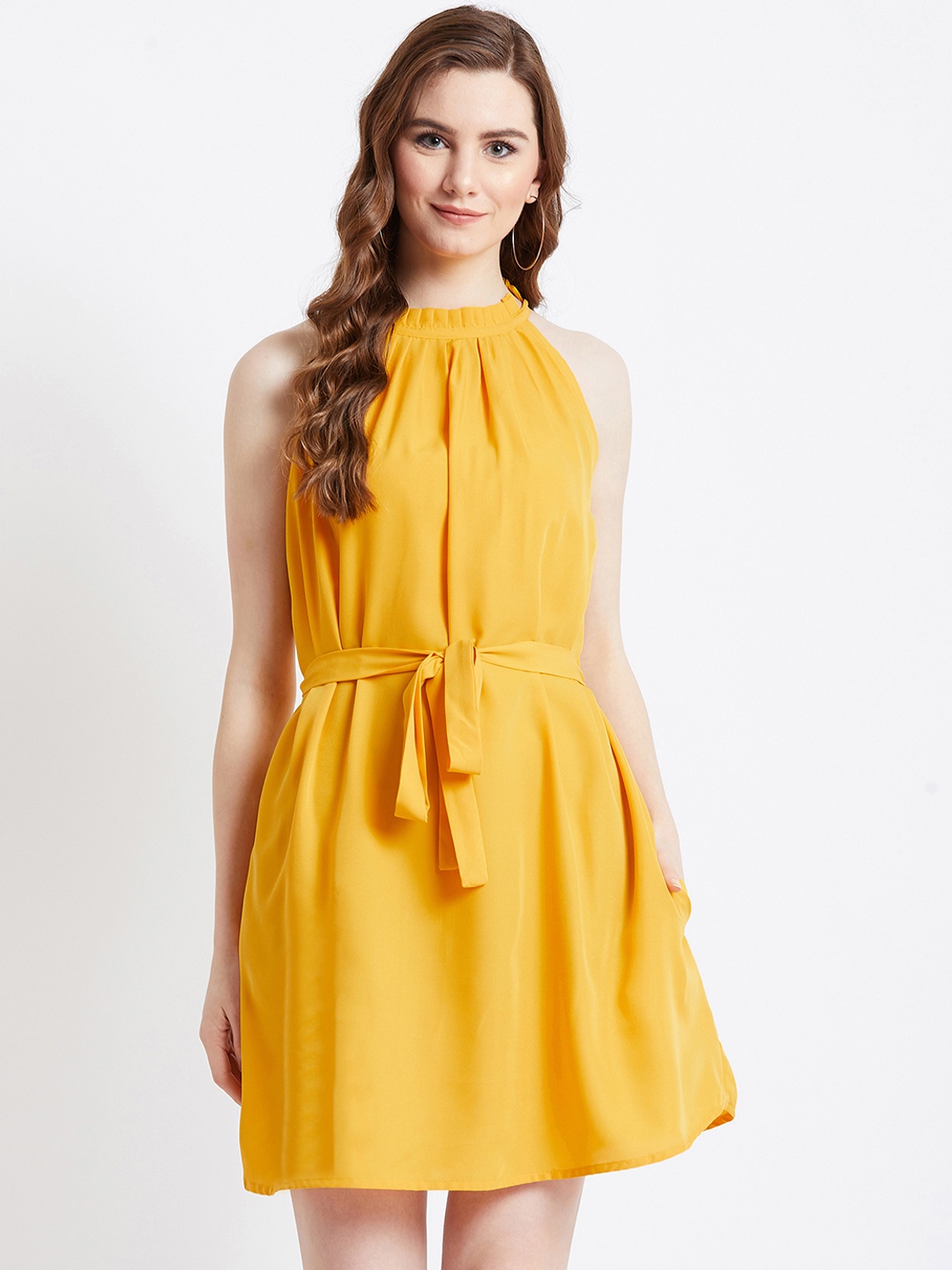 

AkaAyu Women Yellow Solid Fit and Flare Dress