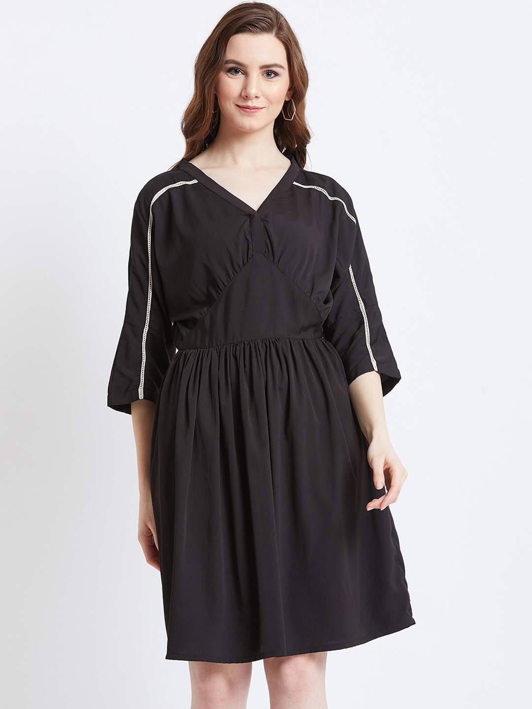 

AkaAyu Women Black Solid Blouson Dress