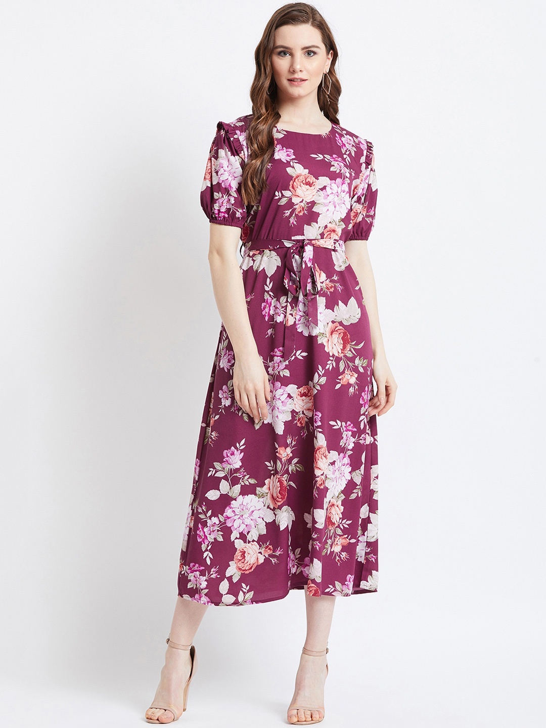 

AkaAyu Women Purple & Off White Floral Printed Fit and Flare Dress