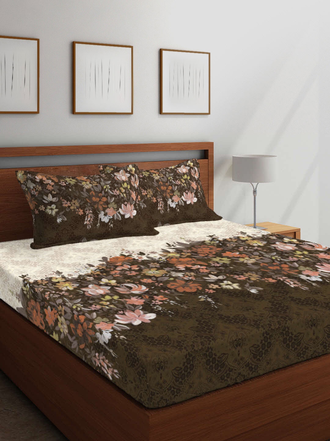 

Boutique Living India Brown Floral 300 TC Cotton 1 King Bedsheet with 2 Pillow Covers