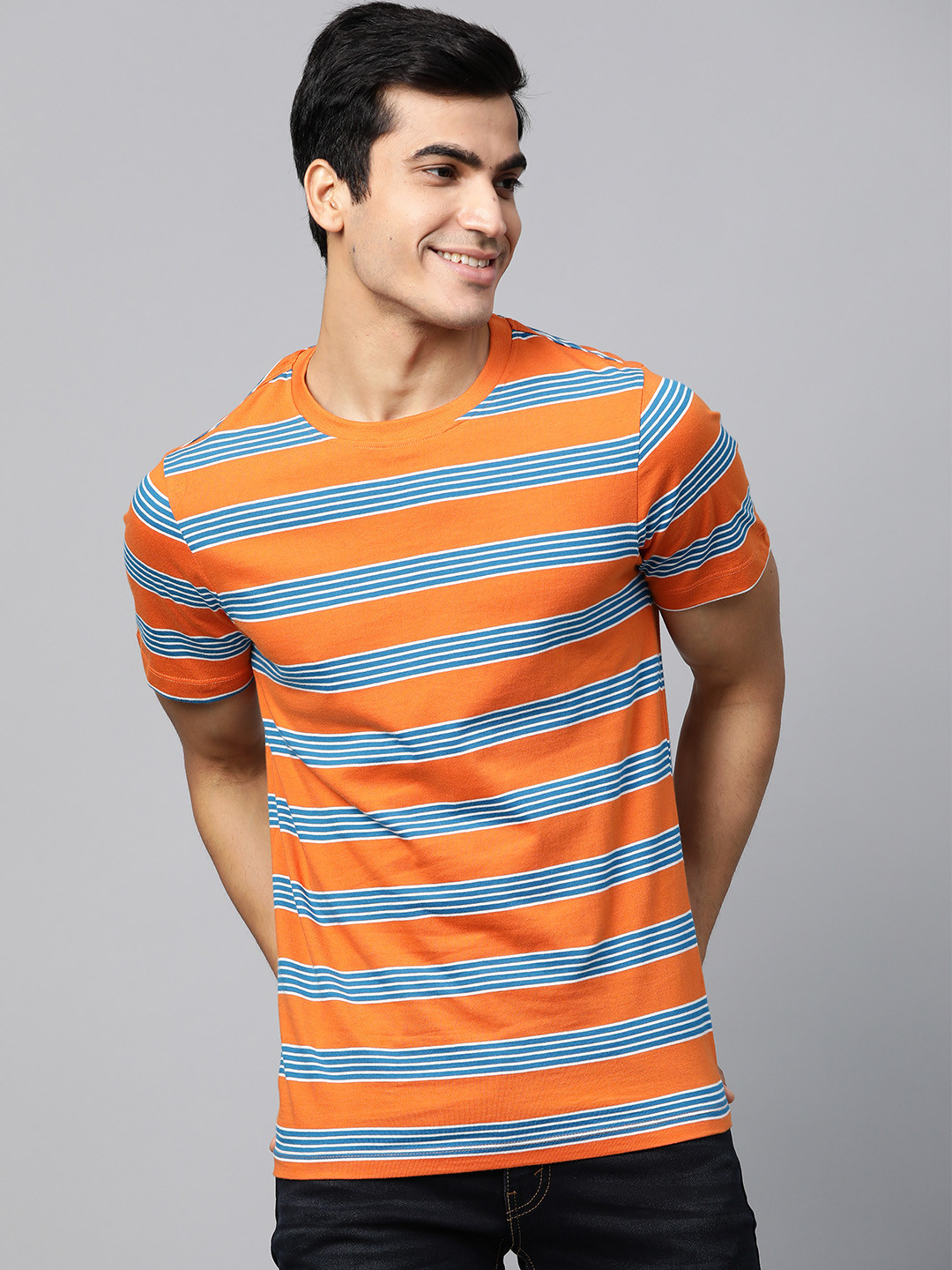 

Mast & Harbour Men Orange & Blue Striped Round Neck T-shirt