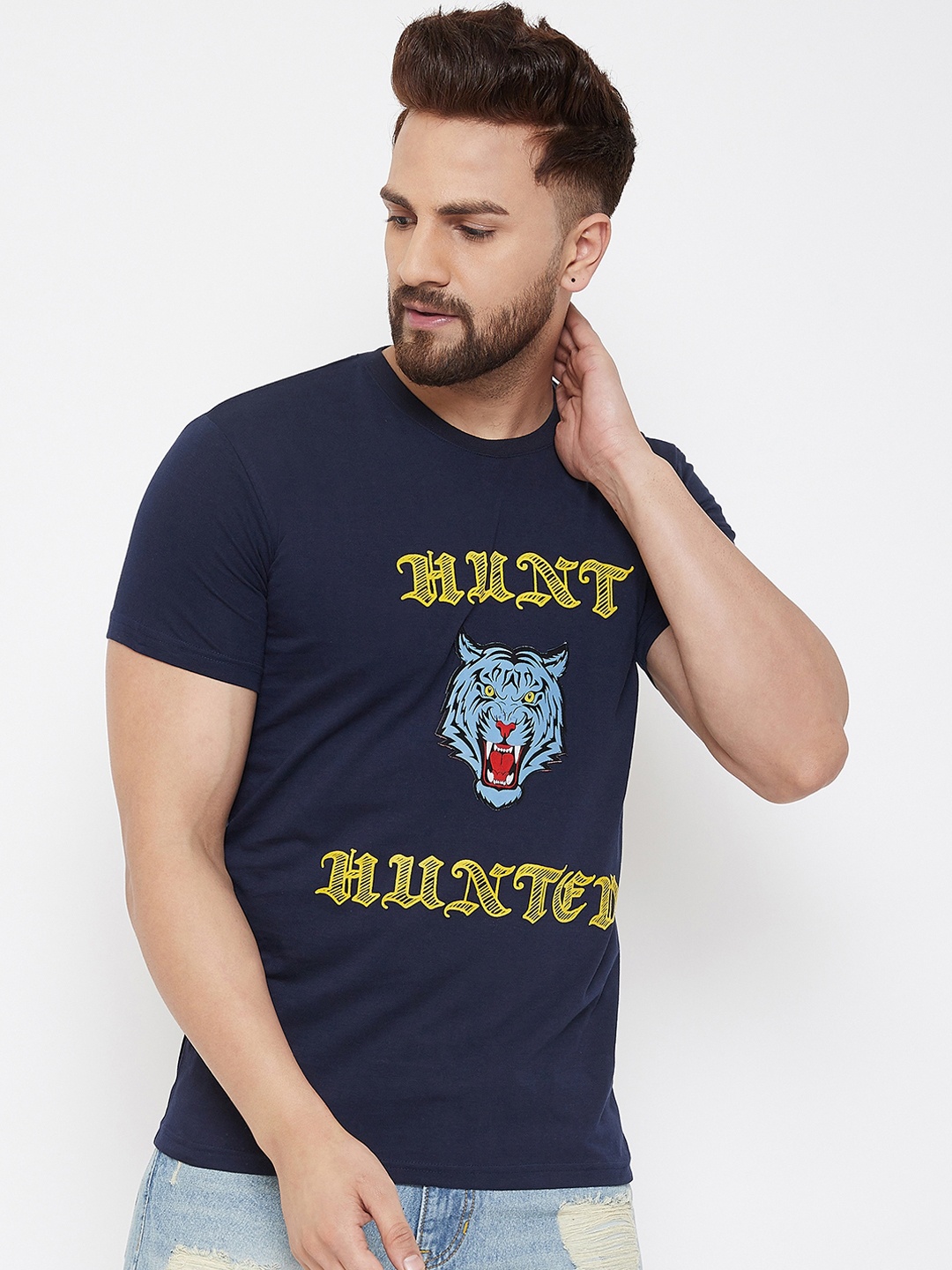 

FUGAZEE Men Navy Blue Printed Round Neck T-shirt