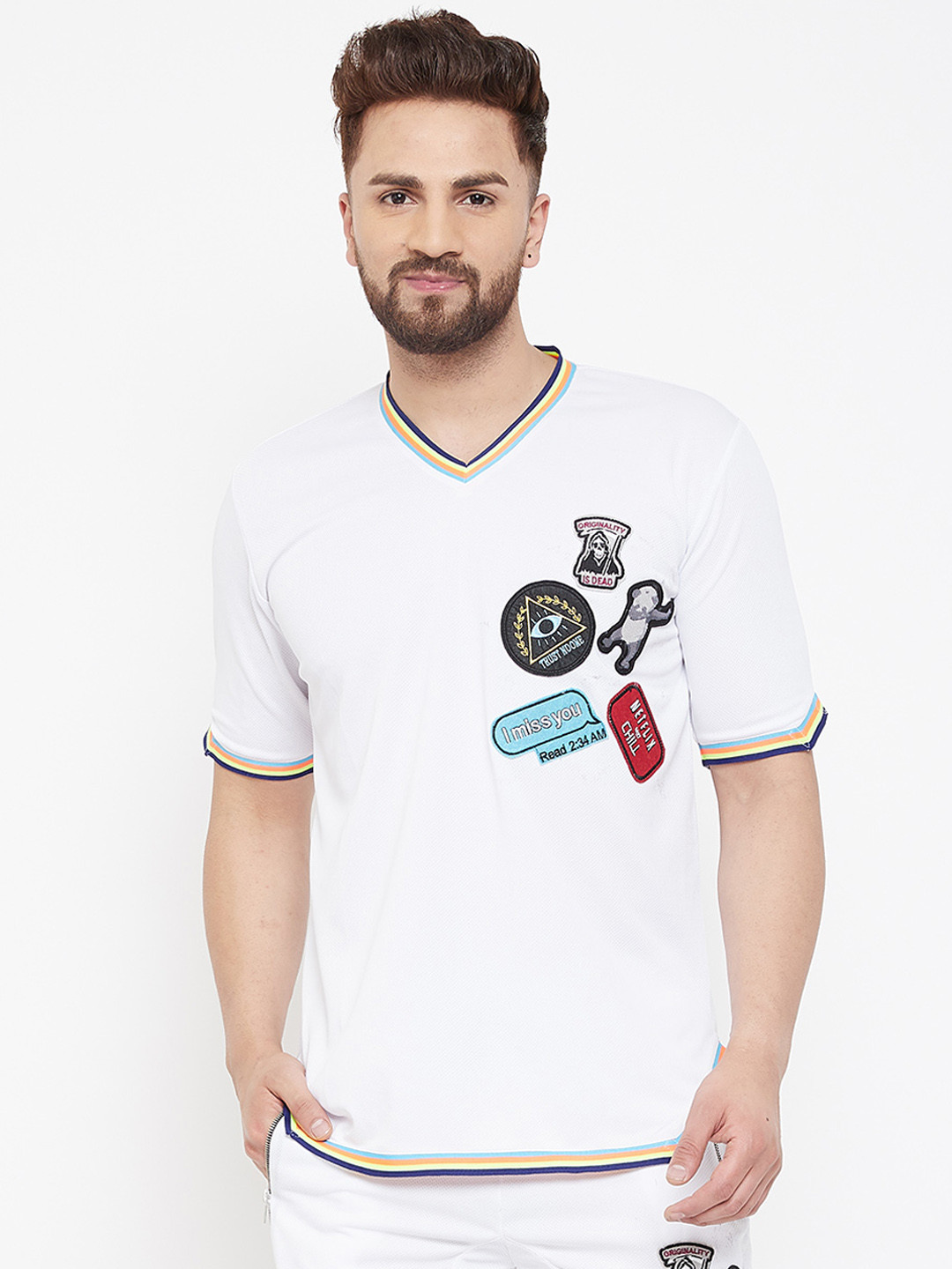 

FUGAZEE Men White V-Neck T-shirt With Applique Detail