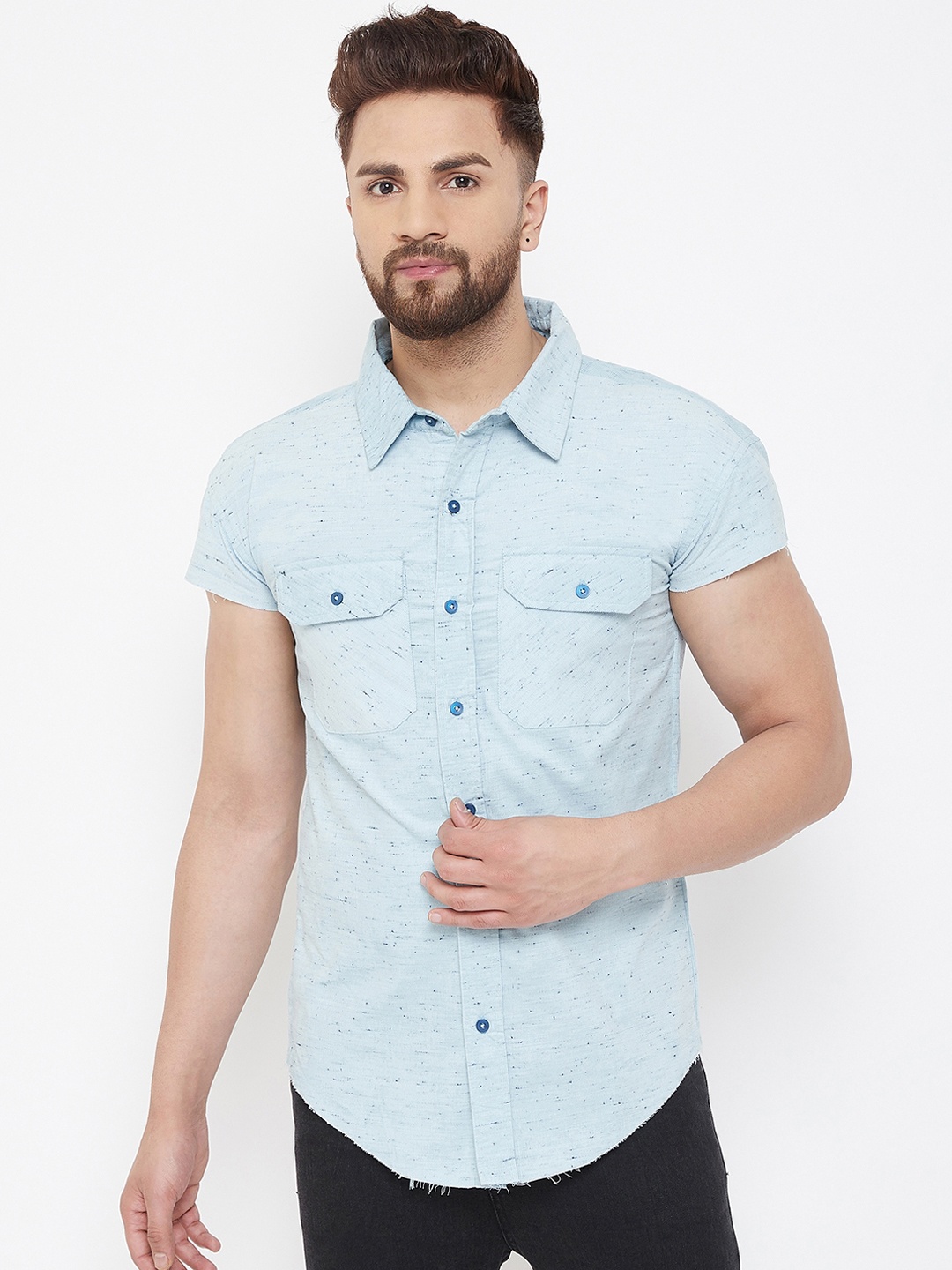 

FUGAZEE Men Turquoise Blue Raw Edge Slim Fit Solid Casual Shirt