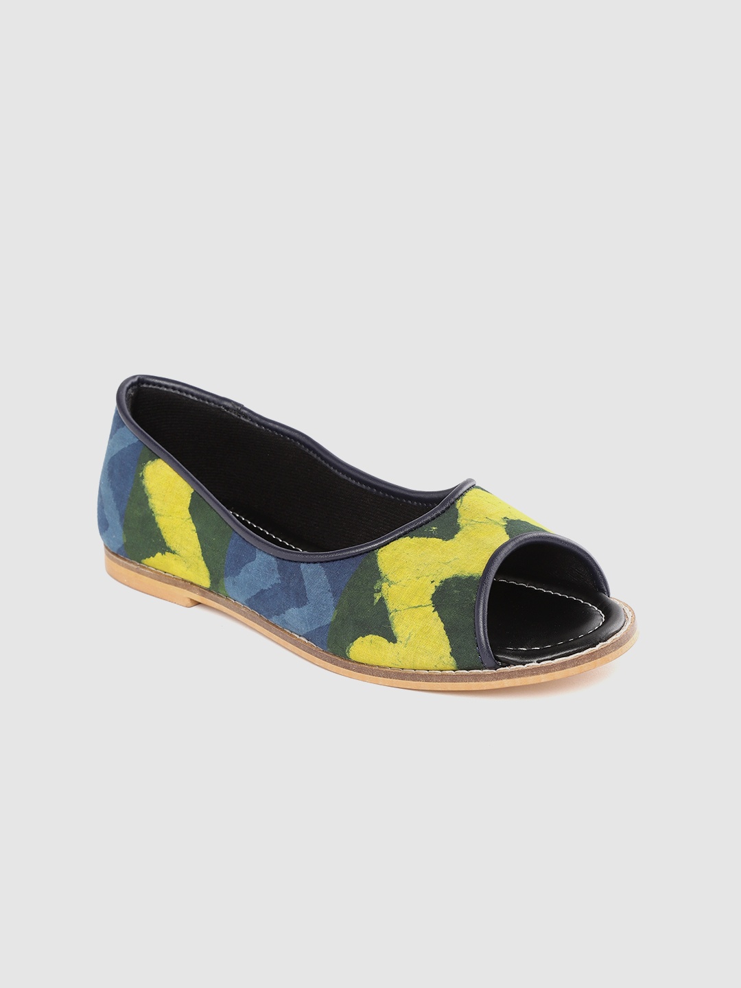 

Ekta Women Blue & Yellow Bagru Printed Handcrafted Peep Toe Ballerinas