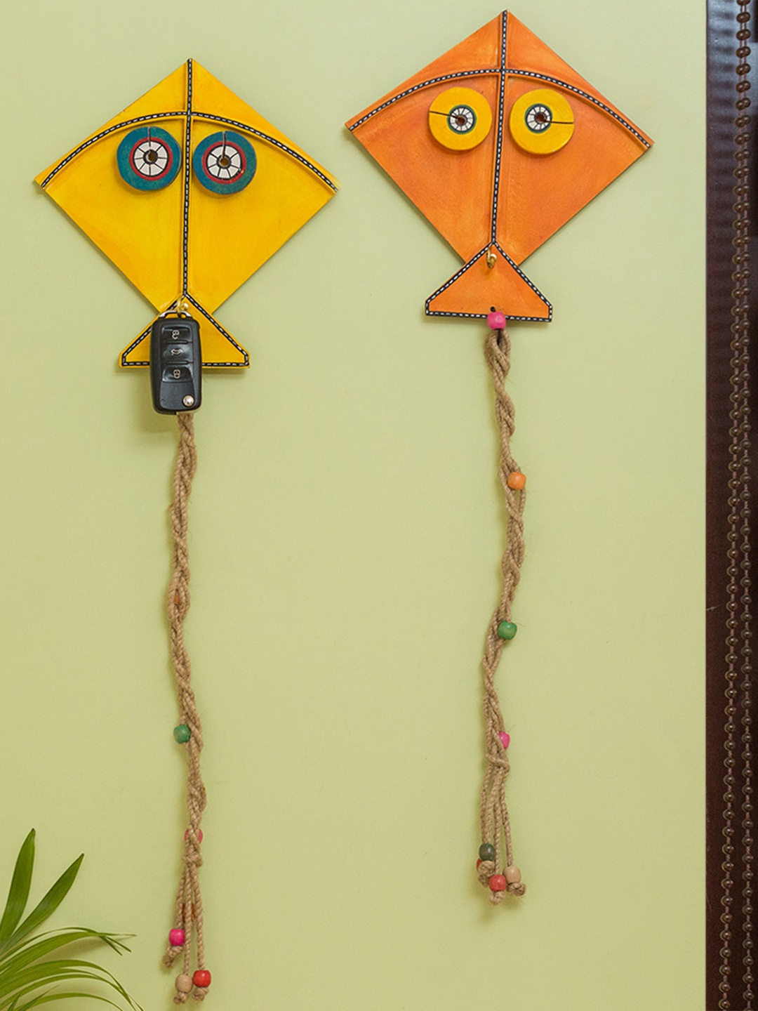 

ExclusiveLane Set Of 2 Kite Pals Hand-Painted Wooden Wall Decor, Yellow