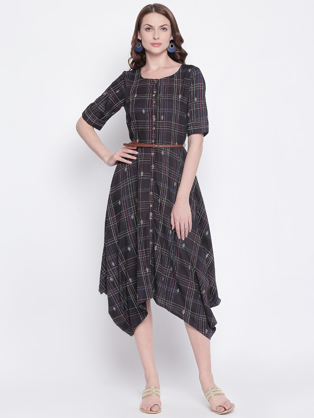 

AKKRITI BY PANTALOONS Women Charcoal Grey Checked Fit and Flare Dress