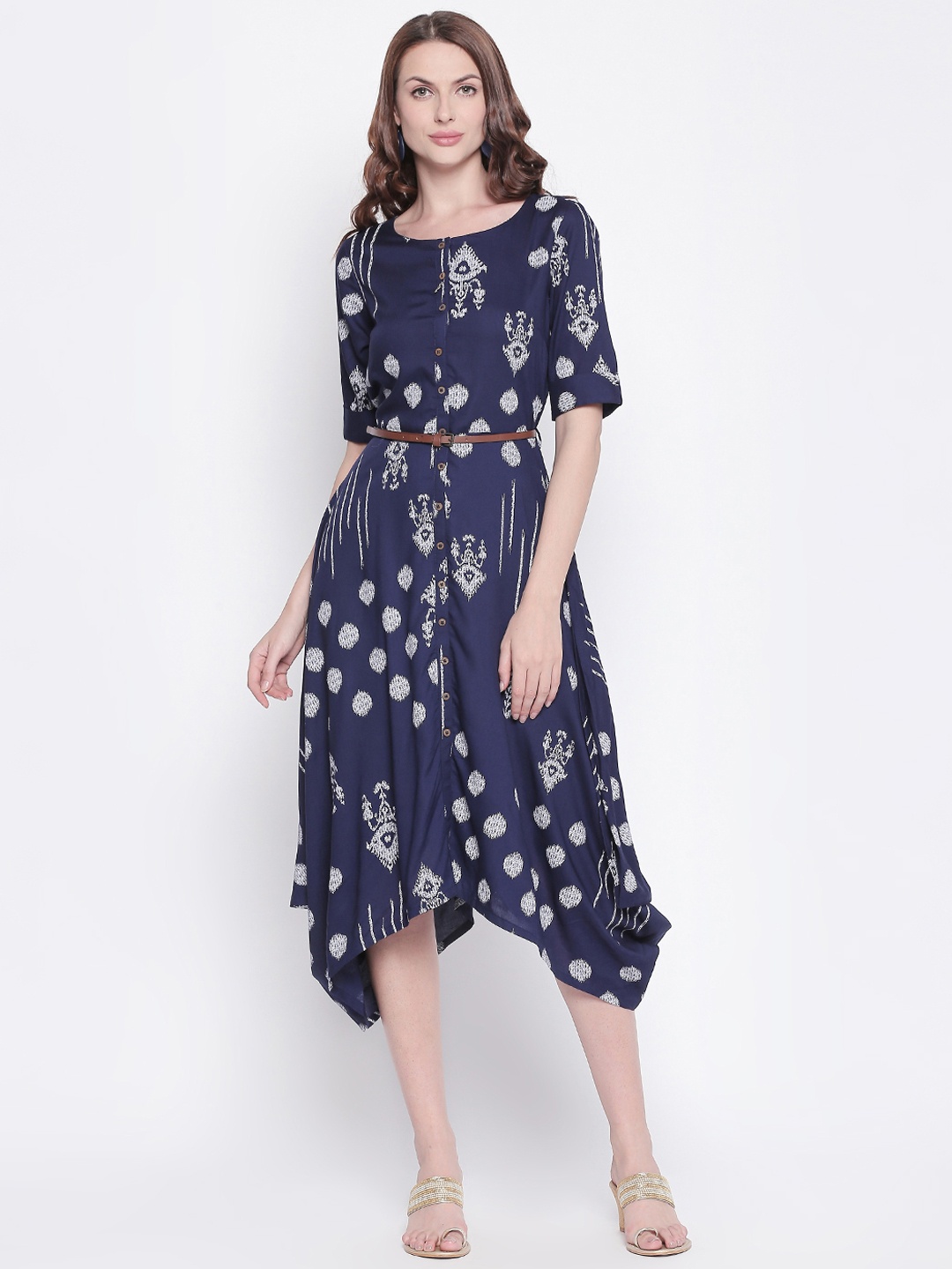 

AKKRITI BY PANTALOONS Women Navy Blue & White Printed Fit and Flare Dress