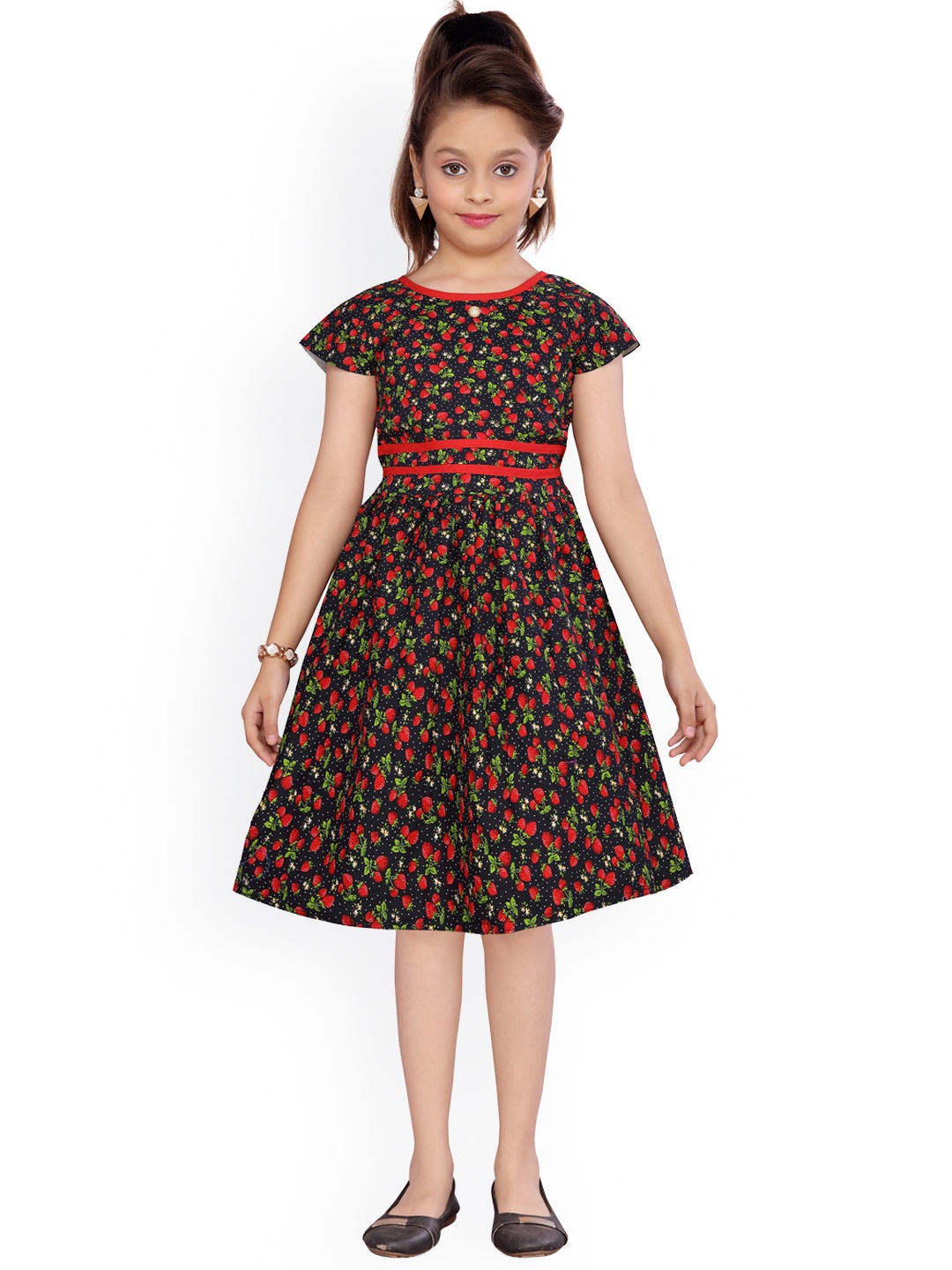 

Aarika Girls Black & Red Printed Fit and Flare Dress