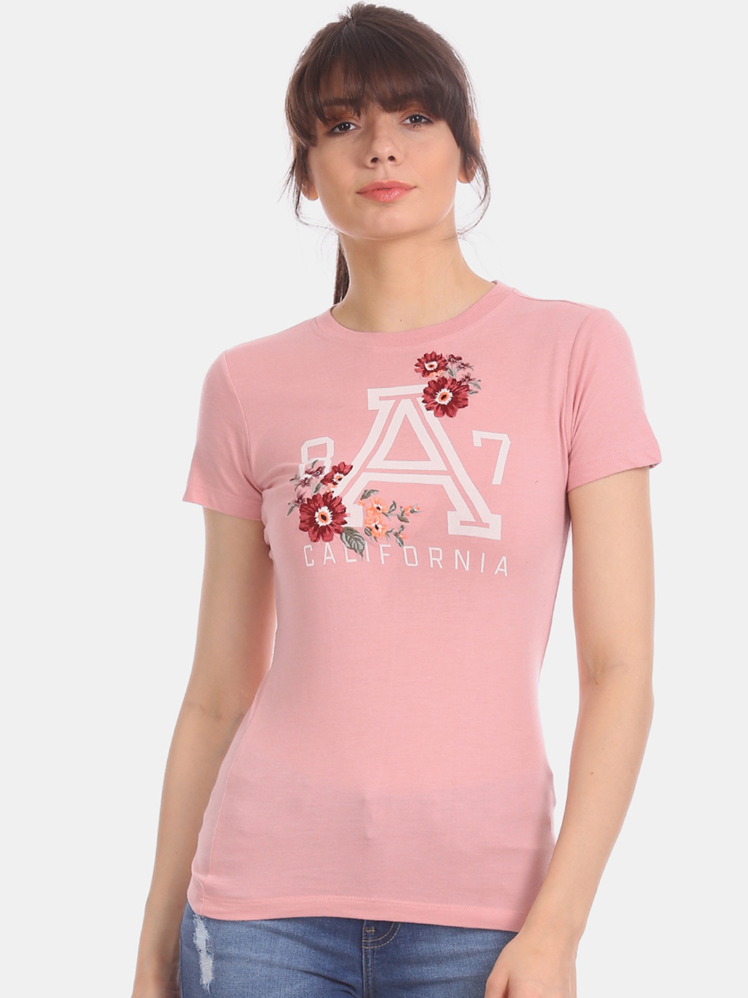 

Aeropostale Women Pink Printed Round Neck T-shirt