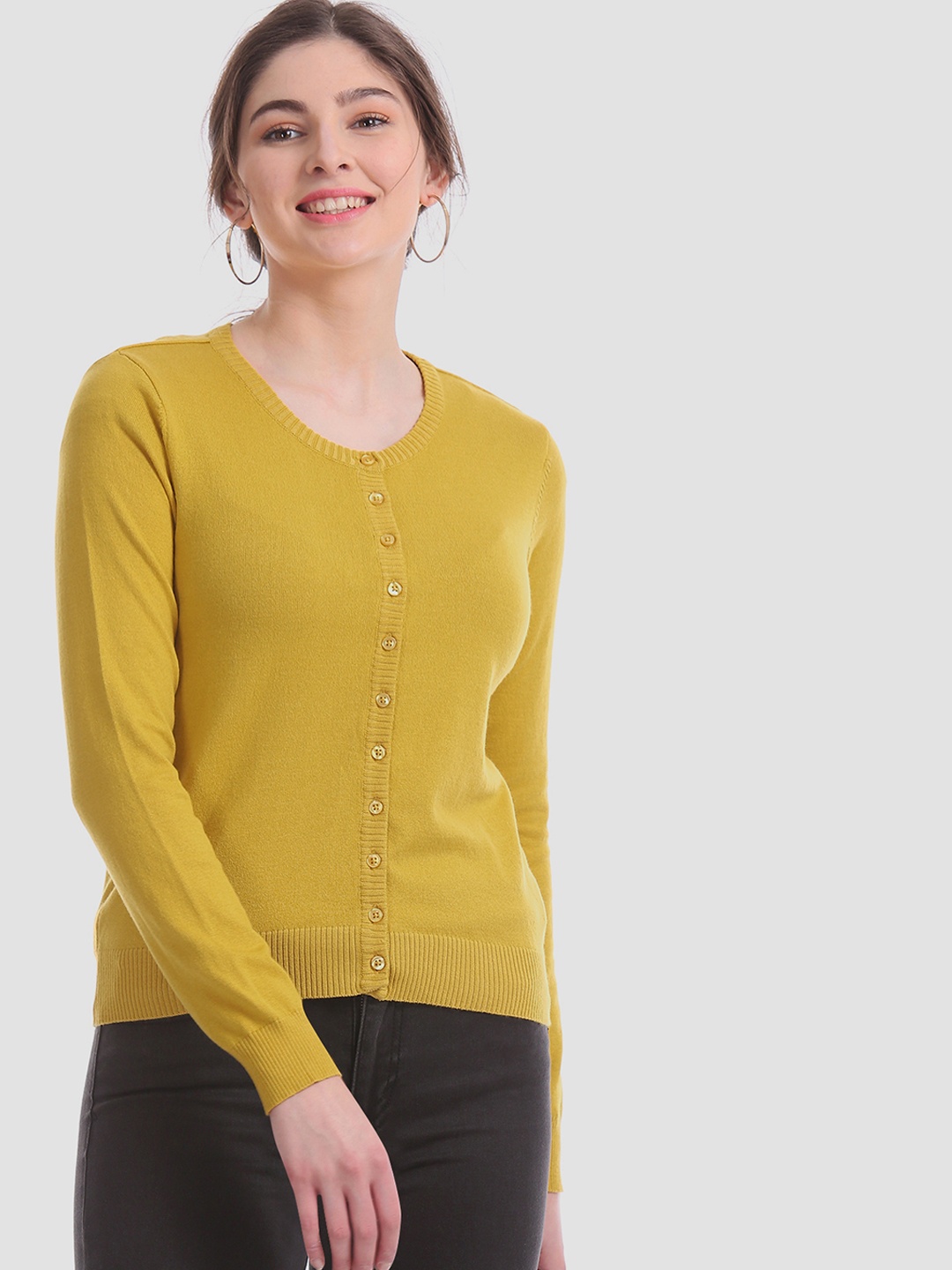 

Aeropostale Women Mustard Yellow Solid Cardigan Sweater