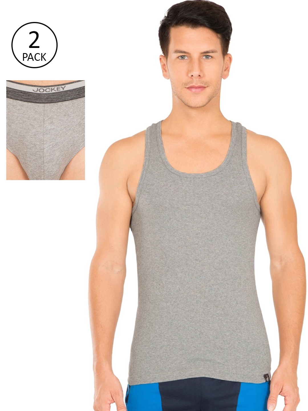 

Jockey Men Solid Innerwear Vest With Briefs, Grey melange