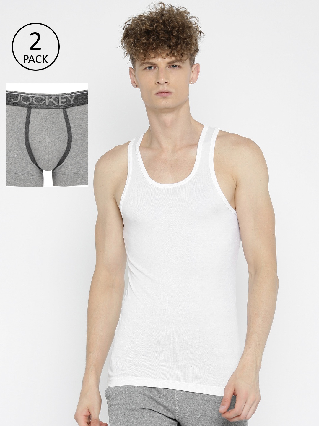 

Jockey Men White Solid With Innerwear Vest With Trunks