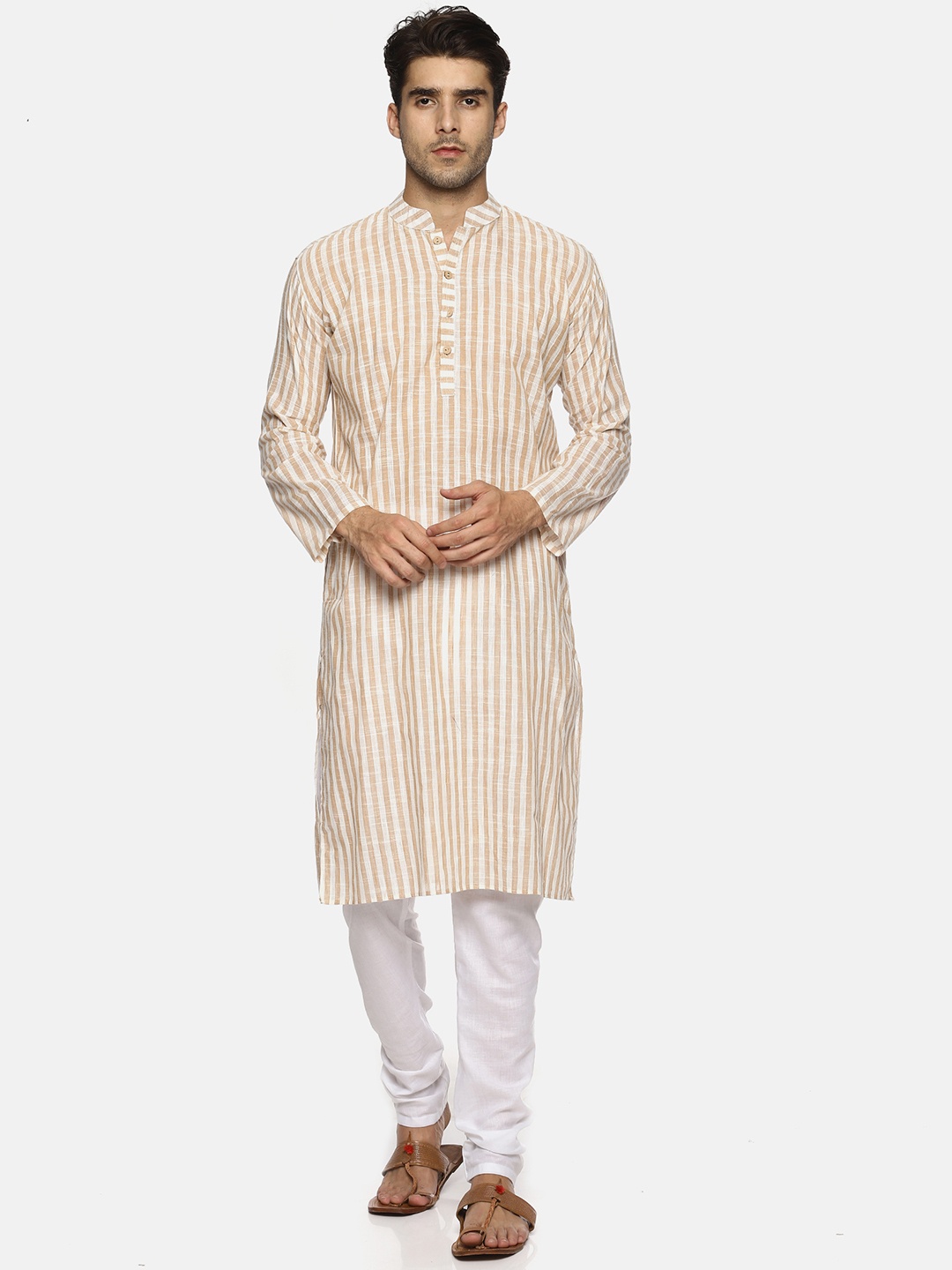 

PAROKSH Men Beige & White Striped Straight Kurta