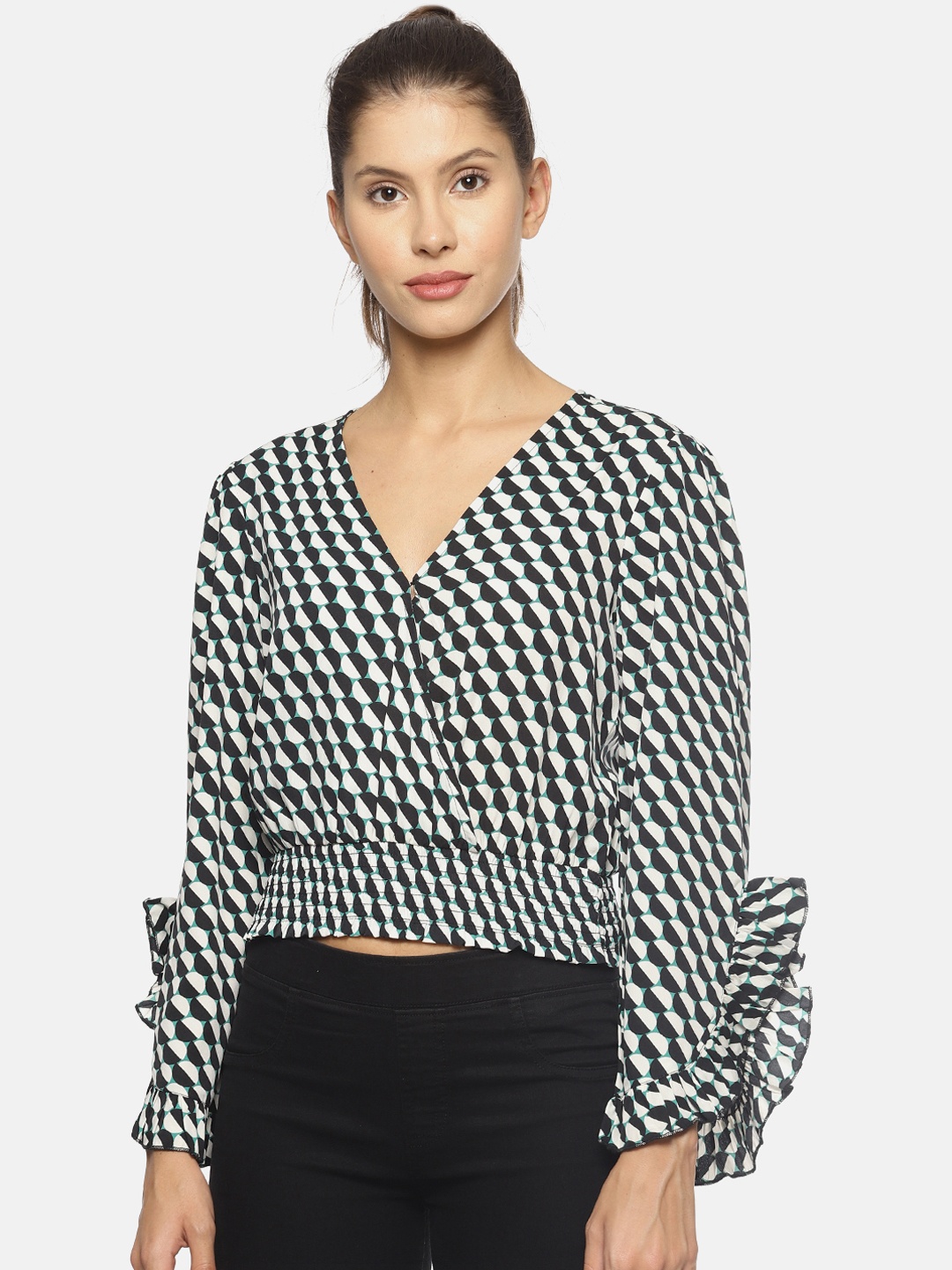 

SAHORA Women Black & White Printed Blouson Top