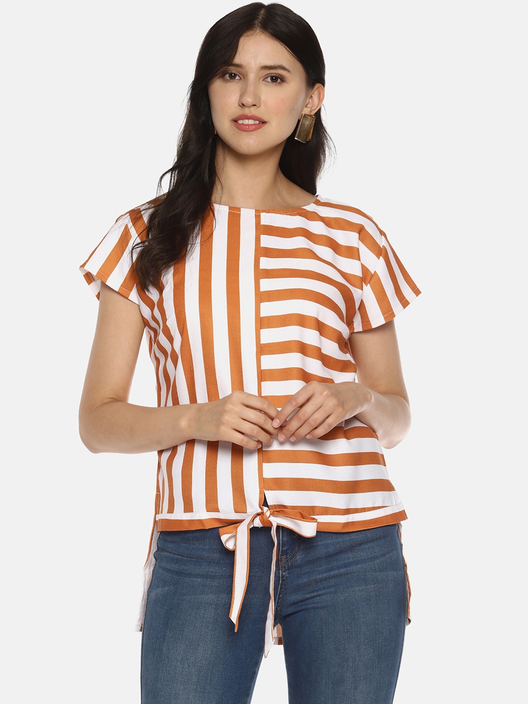 

SAHORA Women White & Orange Striped Regular Top