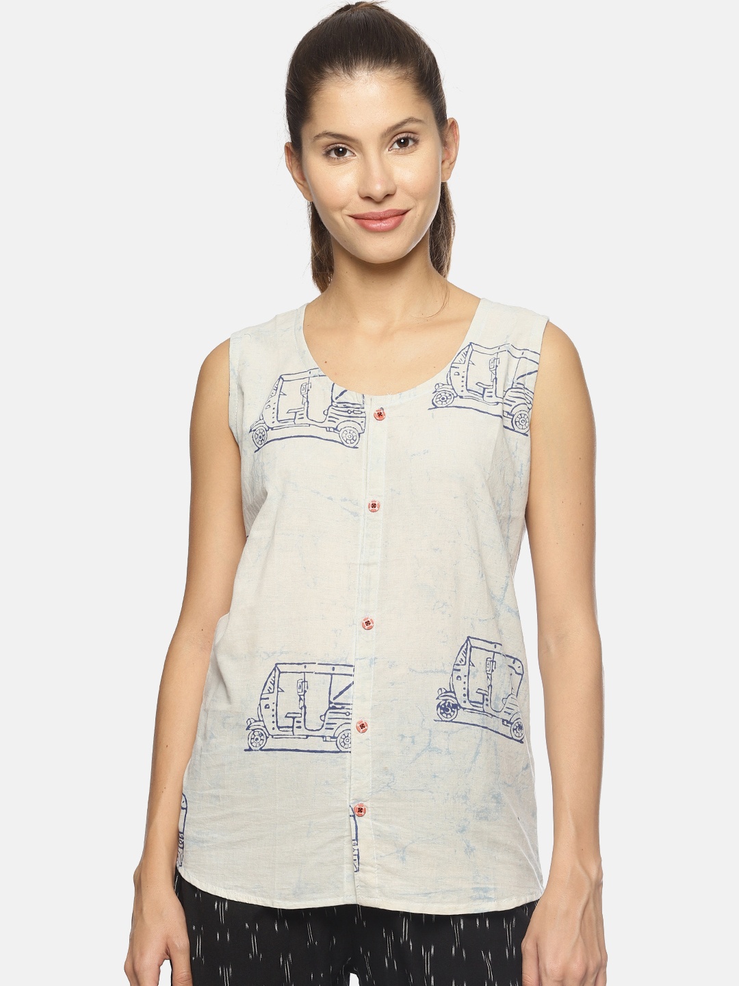 

SAHORA Women Cream Auto-Rickshaw Print Regular Pure Cotton Top
