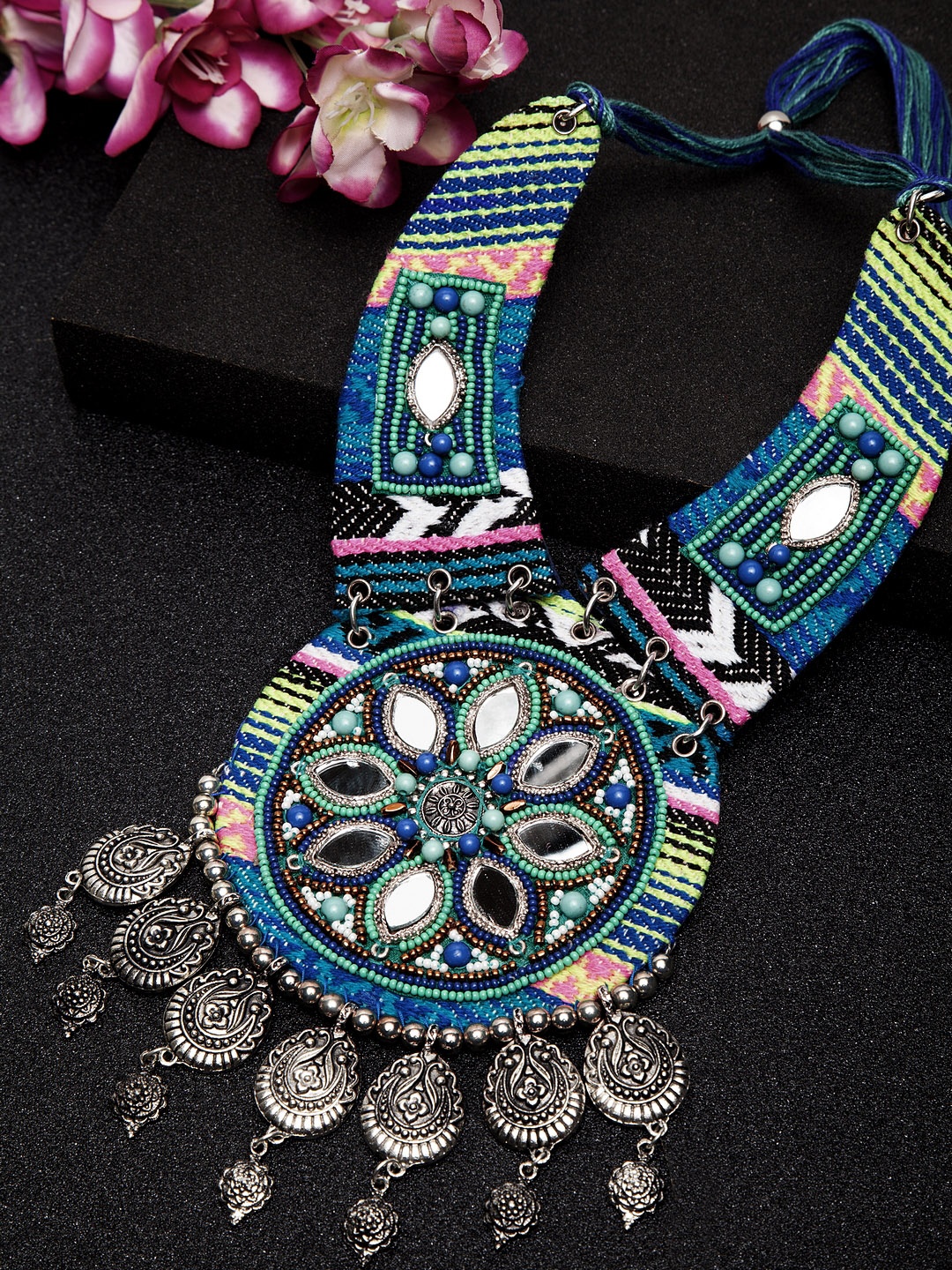 

Moedbuille Blue Handcrafted Afghan Antique Oxidised Temple Choker Necklace, Silver
