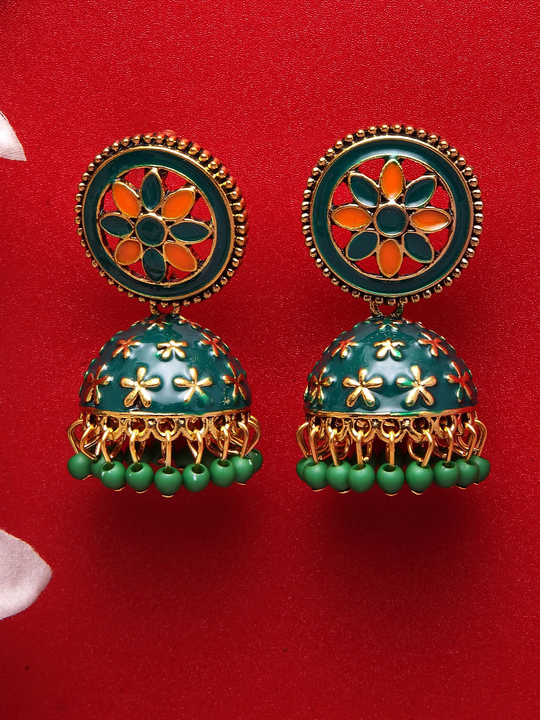 

Moedbuille Green & Gold-Toned Dome Shaped Meenakari Jhumkas