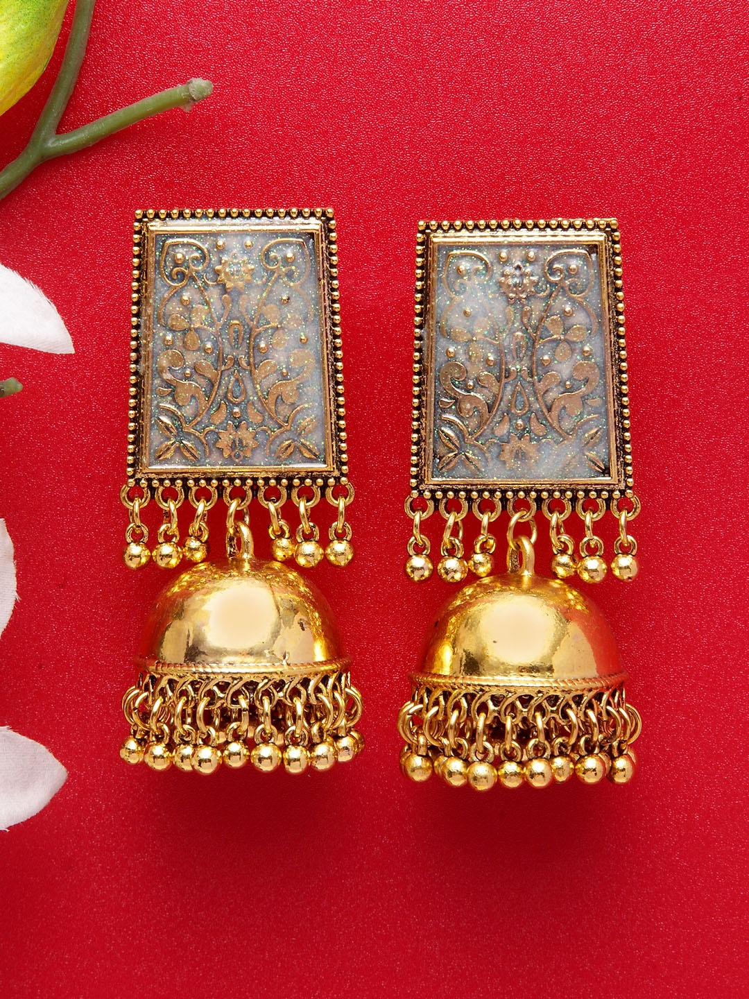 

Moedbuille Gold & Grey Enamelled Dome Shaped Jhumkas