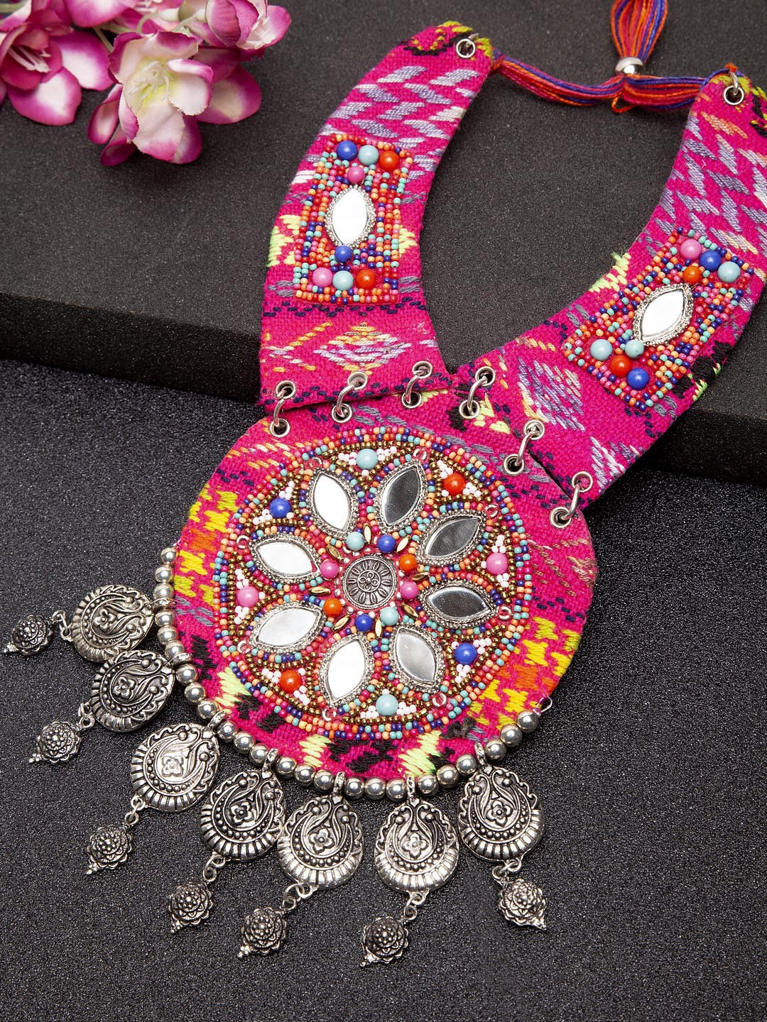 

Moedbuille Silver Afghan Antique Design Oxidised Temple Choker Handcrafted Necklace, Pink