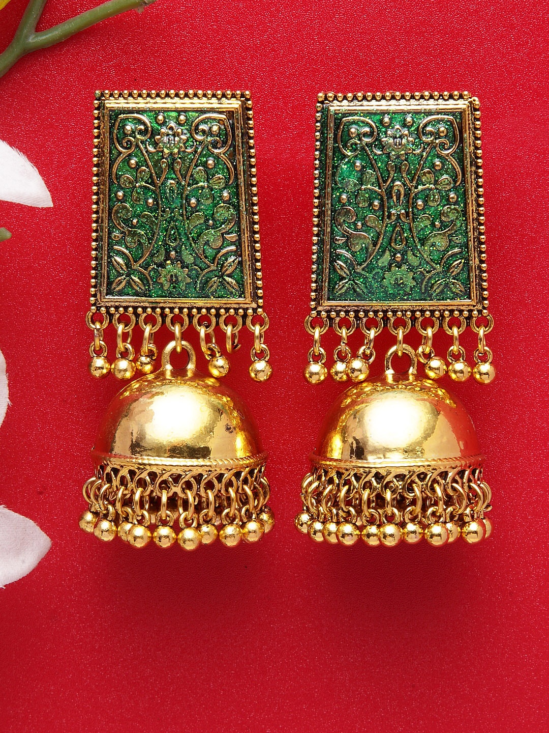 

Moedbuille Brass-Plated Gold-Toned & Green Handpainted Meenakari Dome Shaped Jhumkas