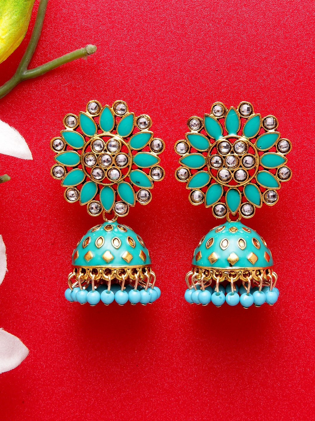 

Moedbuille Sea Green & Gold-Toned Handcrafted Dome Shaped Jhumkas