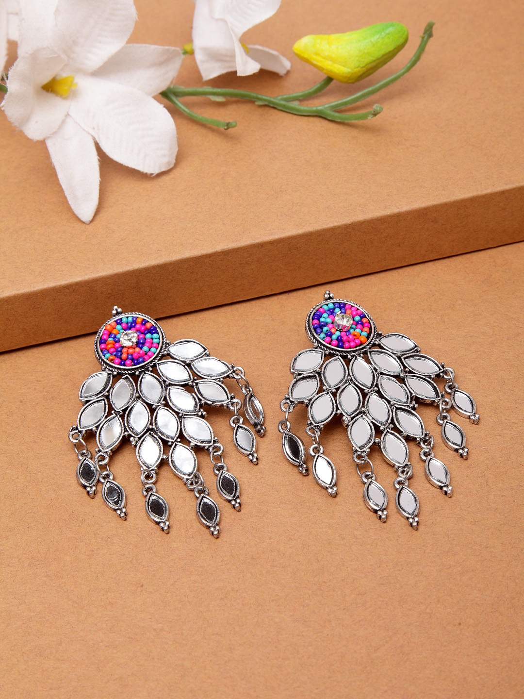 

Moedbuille Silver-Toned & Pink Brass-Plated Handcrafted Mirror Studded Drop Earrings