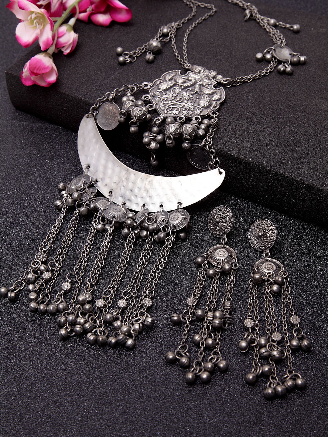 

Moedbuille Oxidised Silver-Plated Tasselled Antique Rajasthan Look Temple Tribal Handcrafted Jewellery Set